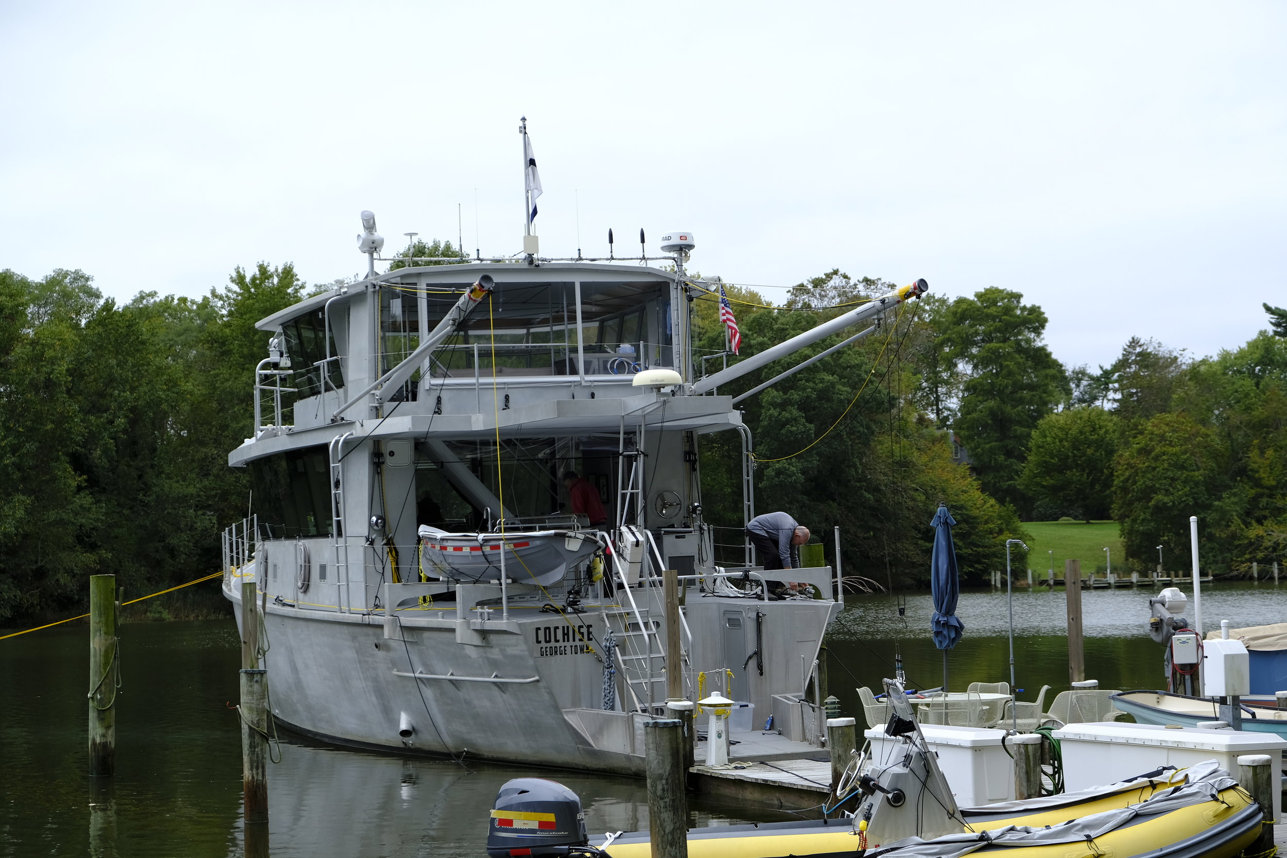 Overhead booms are connected to struts attached to movable cars on tracks, all highly controllable by lines and winches. It is not difficult or time consuming to launch or retrieve any of the watercraft on this boat, even the ship's large commercial RIB, which doubles as the lifeboat.