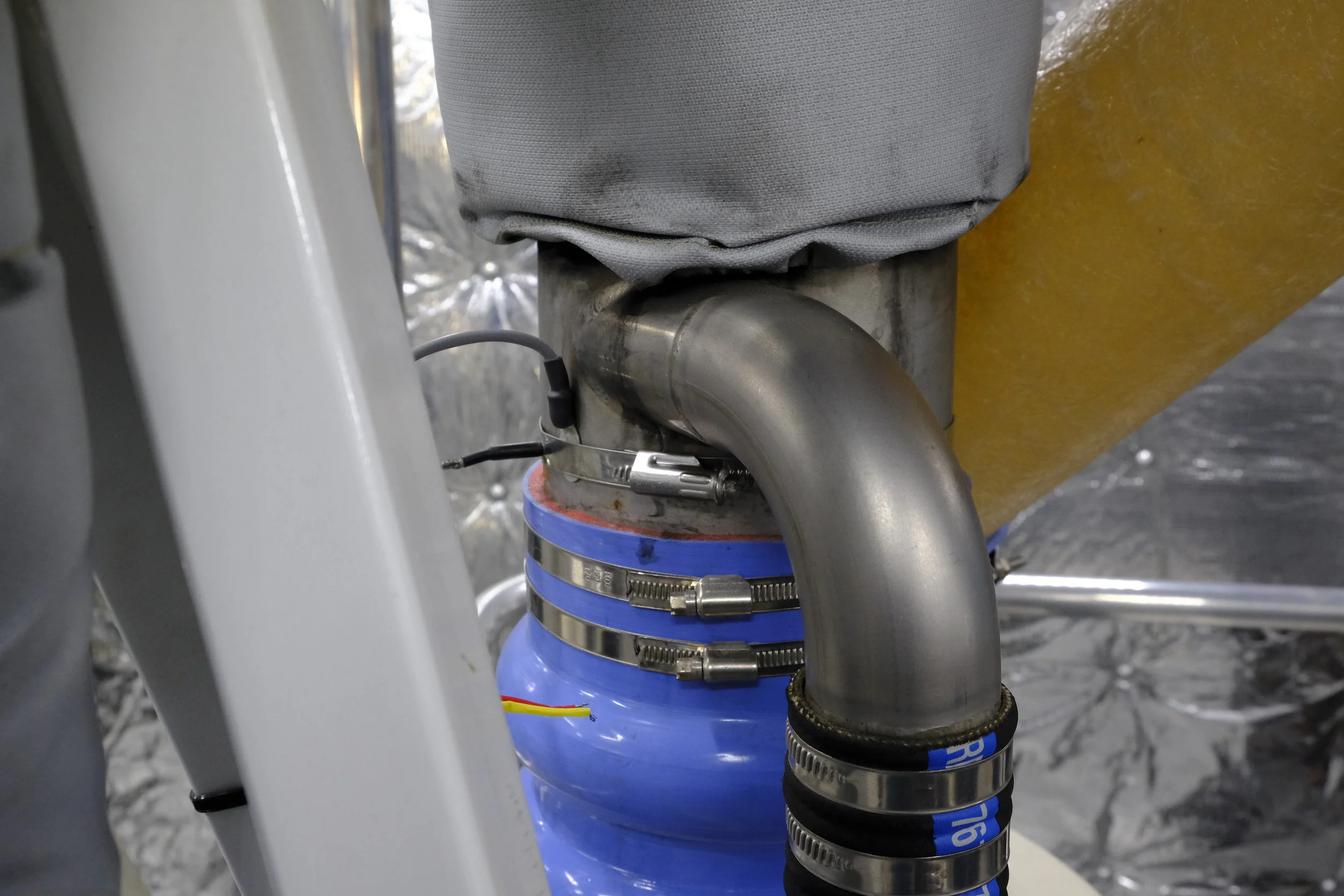 Temperature probes in the exhaust system of one of the FPB's John Deere diesel engines.