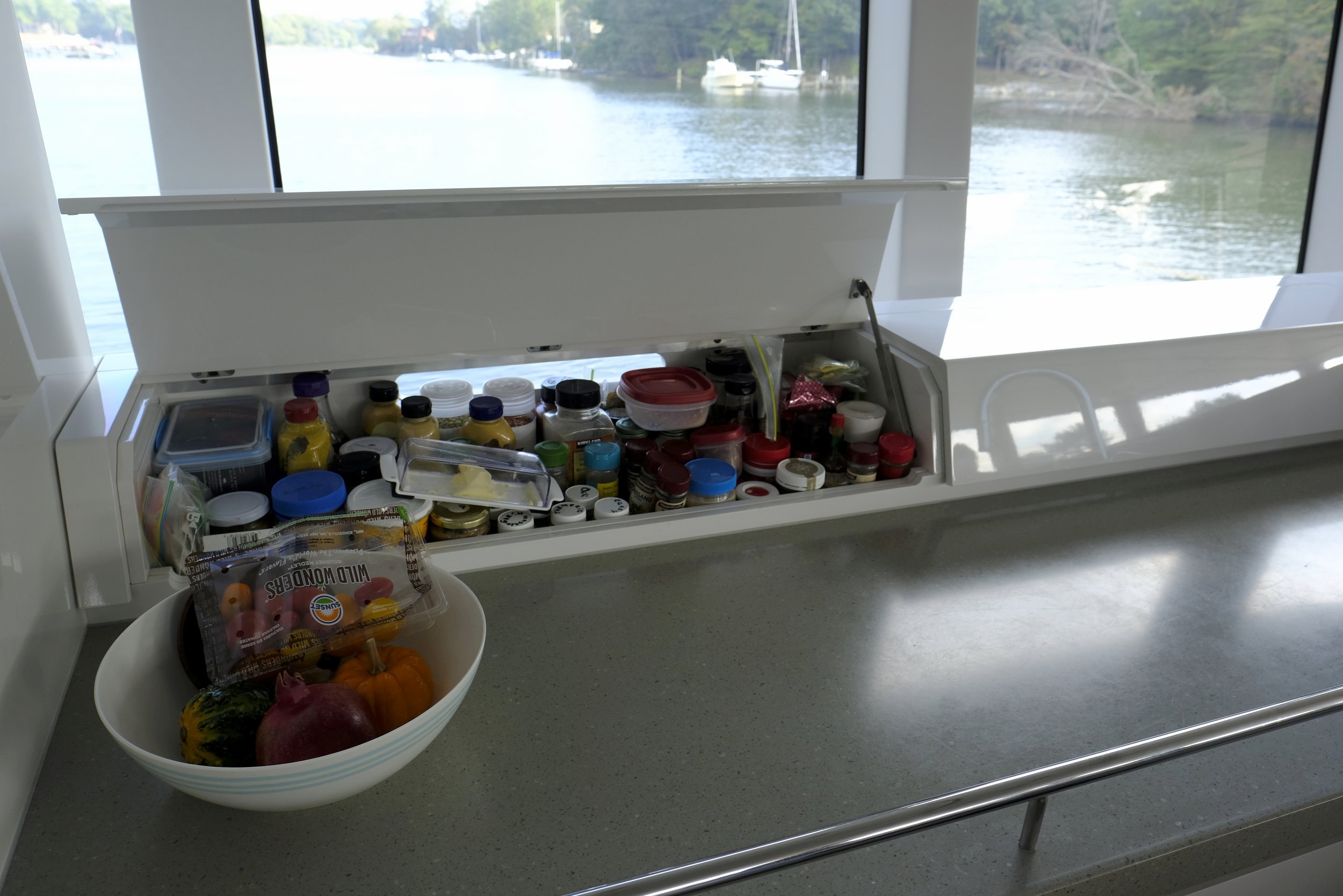 Out of sight but easy to get at, the provisions, spices, and galley utensils are ready at hand. I really like how it all disappears.