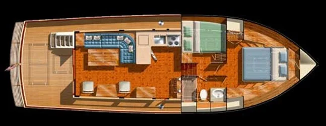 This layout works best for a couple who can use the guest stateroom accommodations for other uses. There is zero privacy with this layout, as the stateroom doors are often louvered for ventilation.
