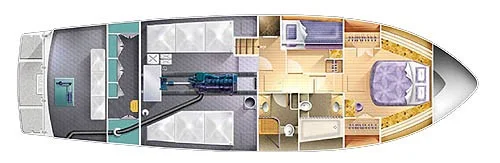 Yet another layout shows accommodations forward and down from the main saloon level. Again, it seems this would work best for only occasional guests and the owners are able to utilize the guest cabin as an office or sewing room.