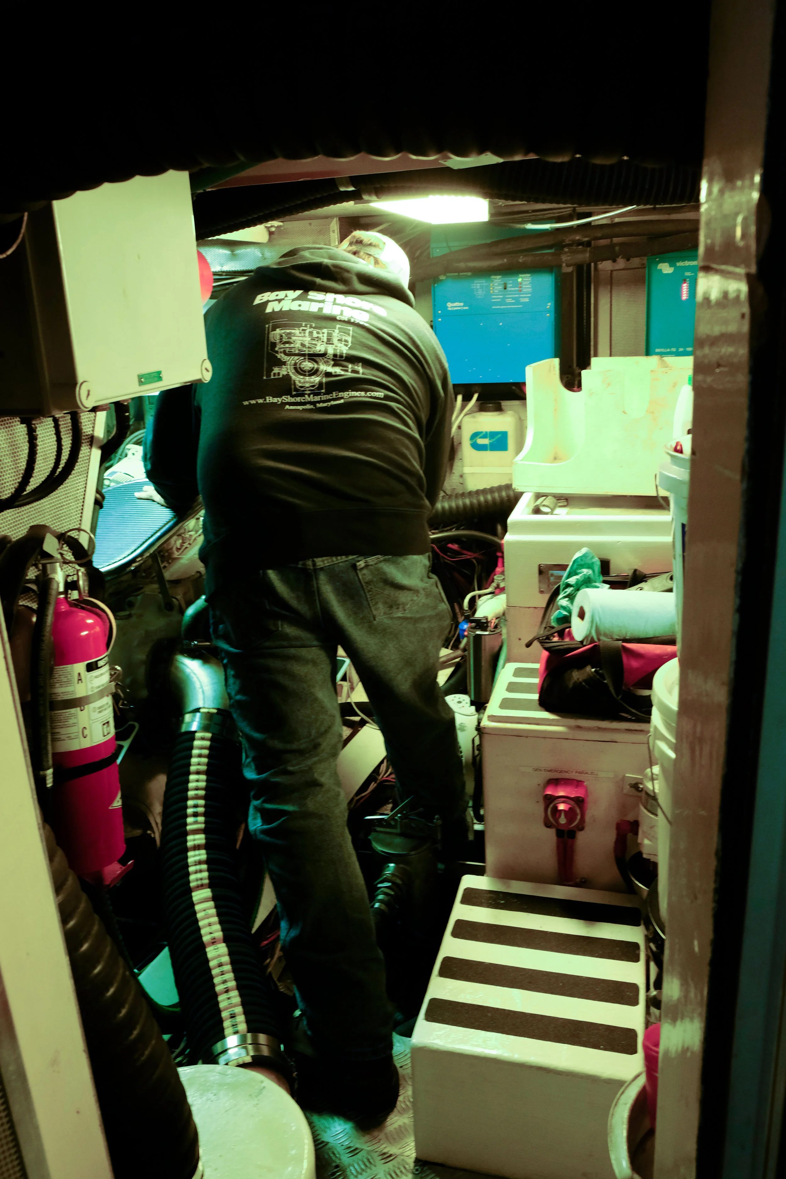 Jeff Leitch check fluids and later under way for any leaks or other abnormalities in the spacious engine room.