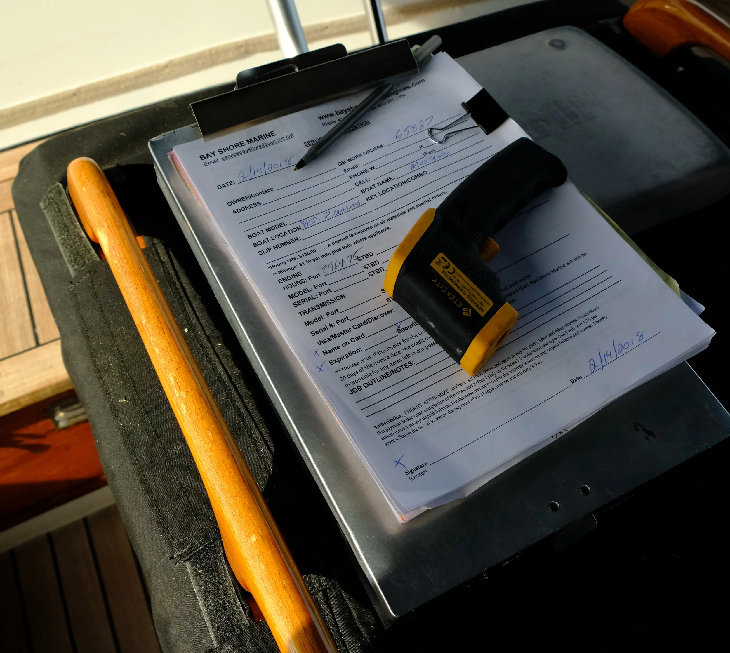 Note the engine hours on the work form under the IR thermometer.