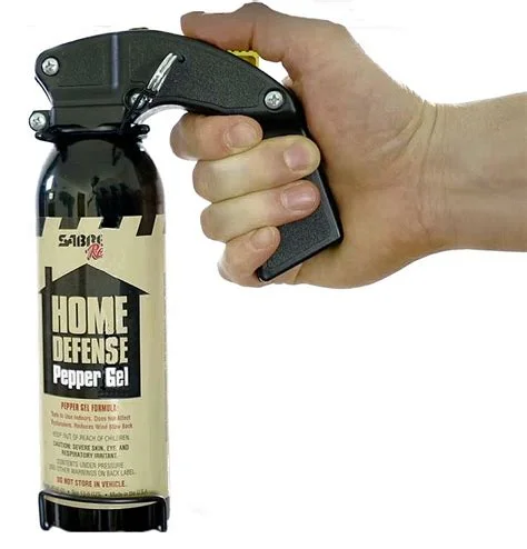 Sabre's Home Defense Pepper Gel is the latest technology, widely used by police departments. This particular model shoots out to 30 feet, will incapacitate a bad guy for 45 minutes, and has a four-year shelf life. In this image, he is holding the can in its mounting bracket