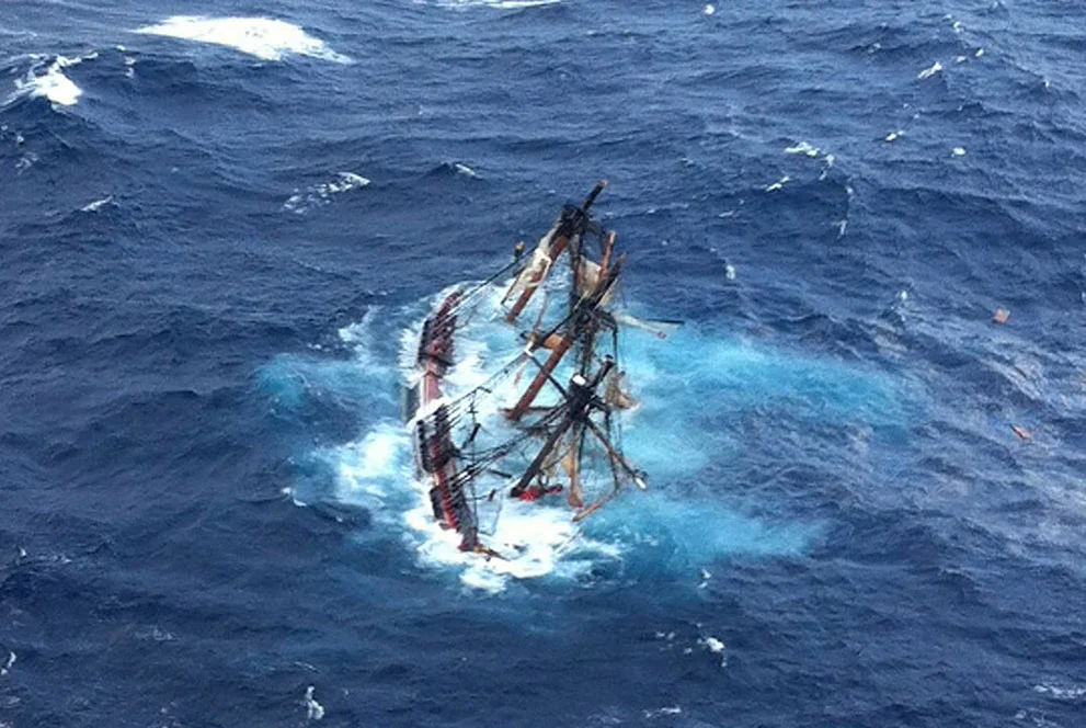 The Bounty settling into the sea after the hurricane, sinking with the loss of two lives. It was ruled an avoidable situation due to bad judgement.