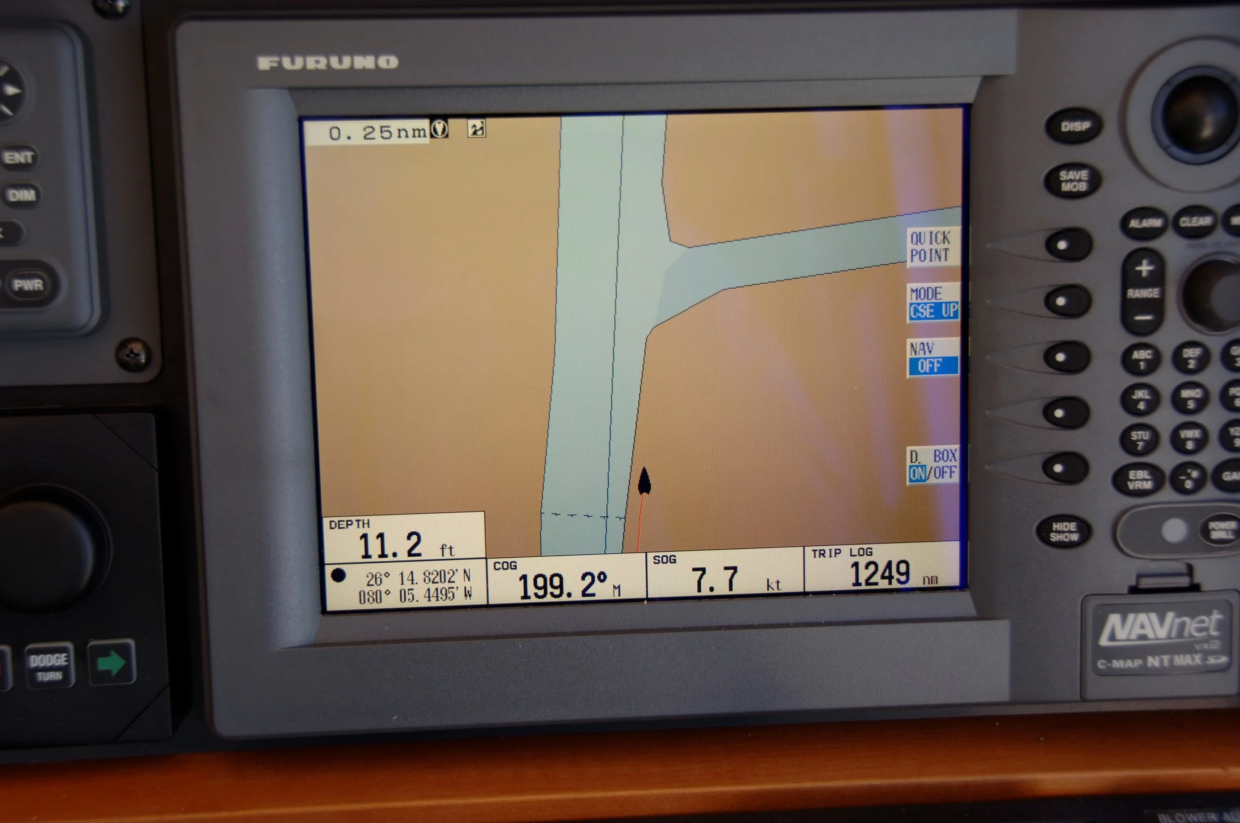 I include this screen shot of my Furuno plotter on Growler while running down the ICW near Miami. It is a great example of why one should NEVER rely on a single navigation device or app. Is the chart wrong or the GPS?