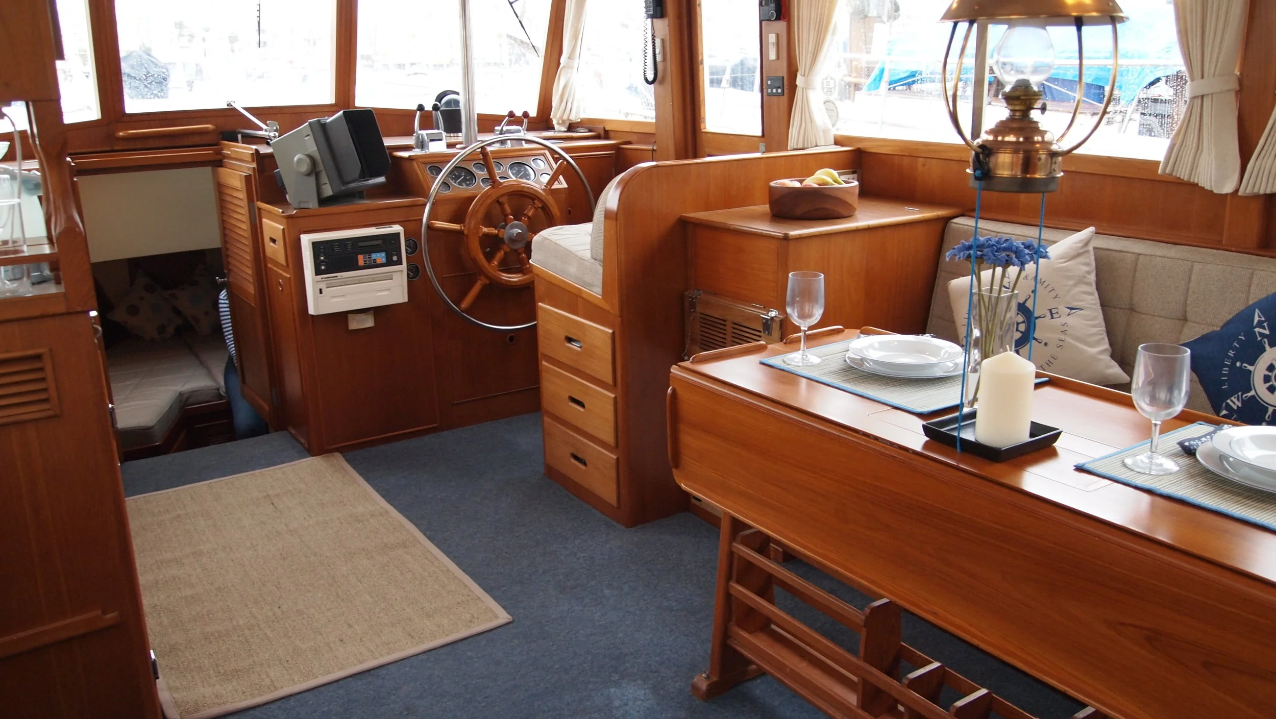 A Grand Bank helm seat on a 42 Classic.