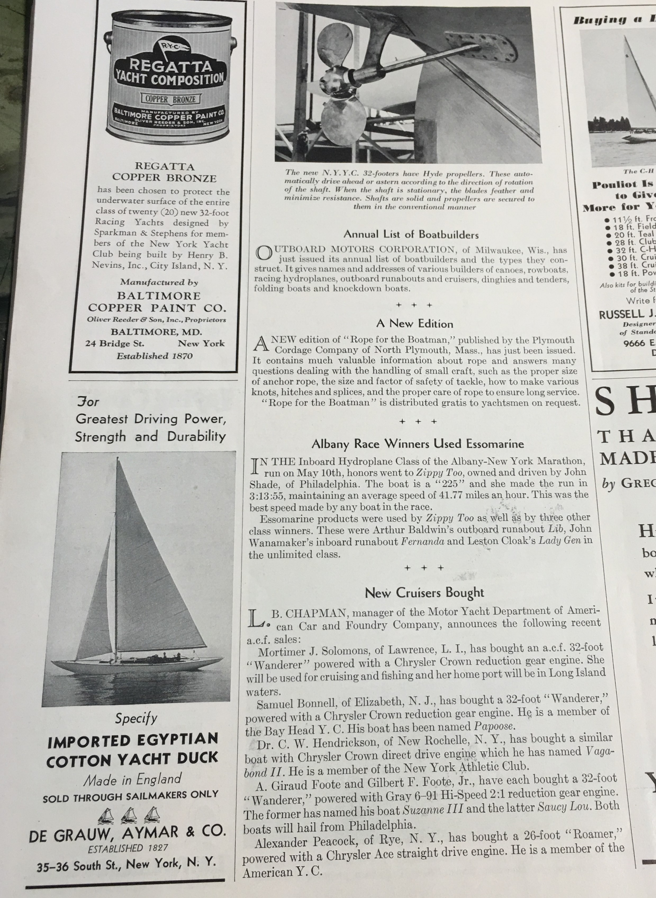 I didn't know that we had feathering props back in 1936, such as this Hyde propeller. And who knew you should buy the finest Egyptian cotton for your sails? Or copper bronze bottom paint?