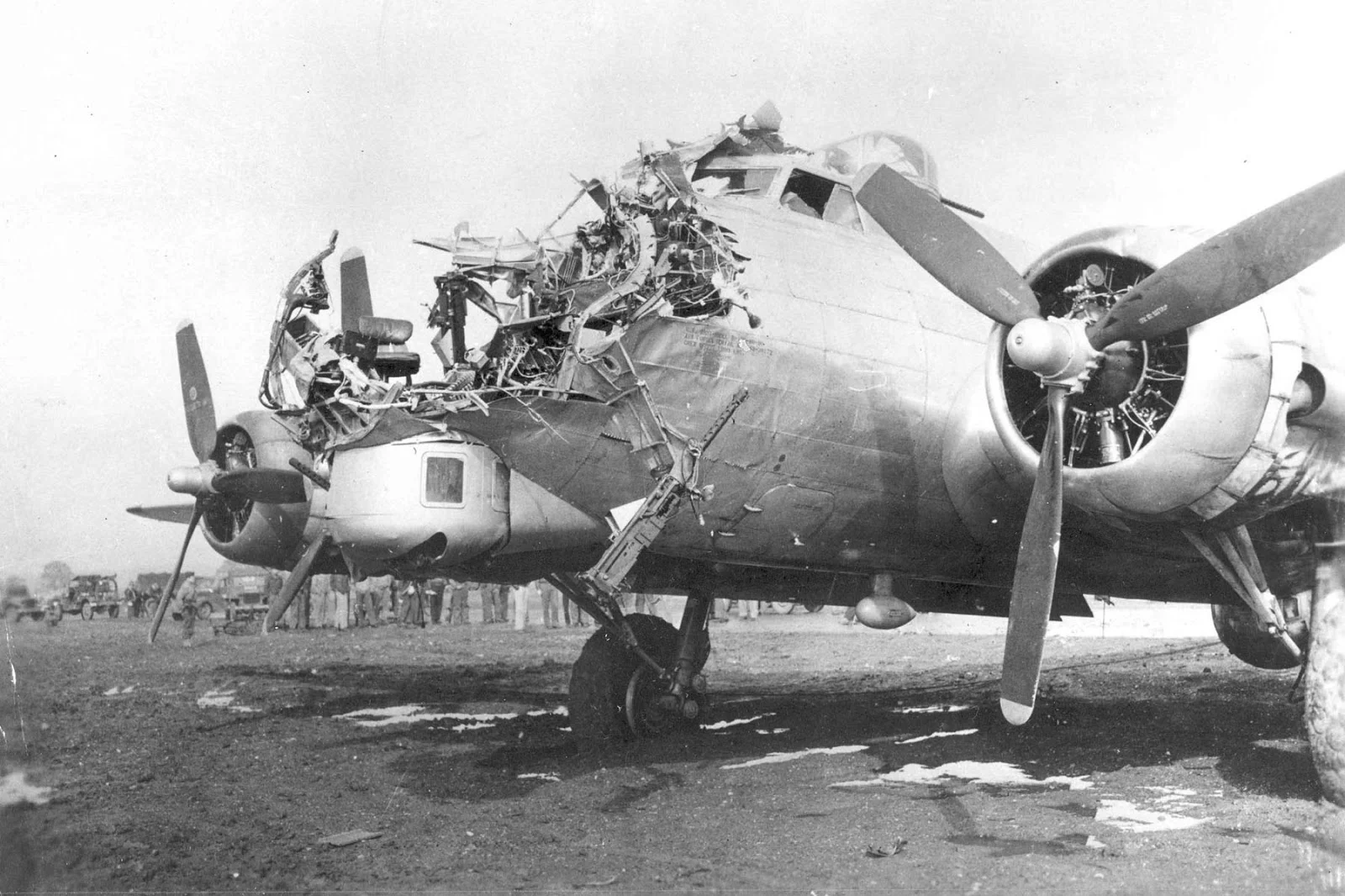 This B-17 somehow survived a mission over Cologne. These were frightful raids with staggering losses. More U.S. Army Air Corps airmen were killed in the skies over Europe than all the Marines in all the campaigns to take back the Pacific. And the RAF lost over 55,500 men, 10,000 of those were Canadian. Only 41 out of every 100 men escaped untouched, at least physically.