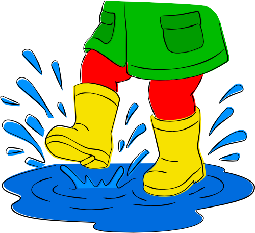 Drawing of child wearing yellow galoshes, red pants, and a green jacket splashing in a puddle