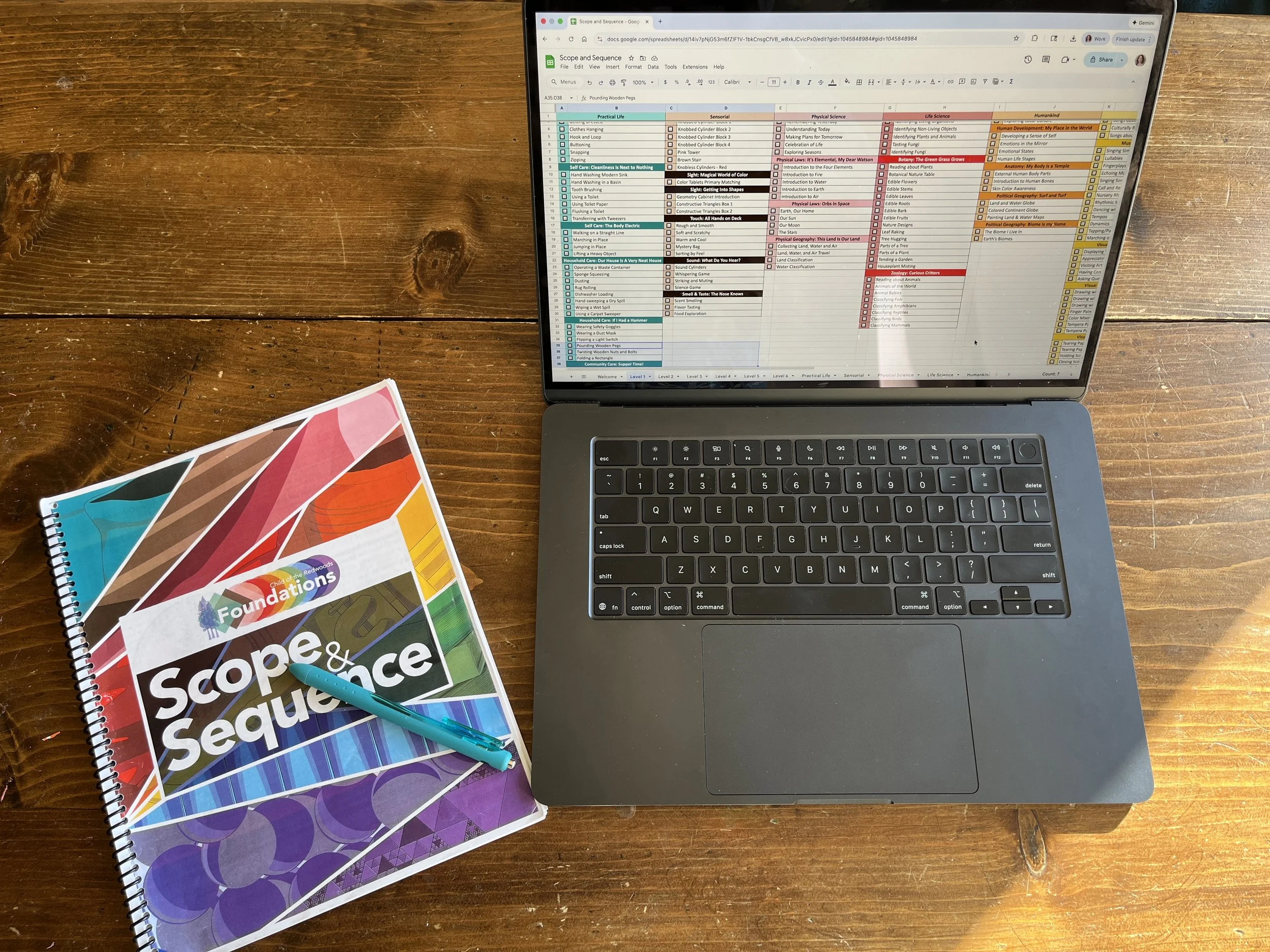 leveled scope and sequence of montessori activities both in printed form and digitally on a laptop