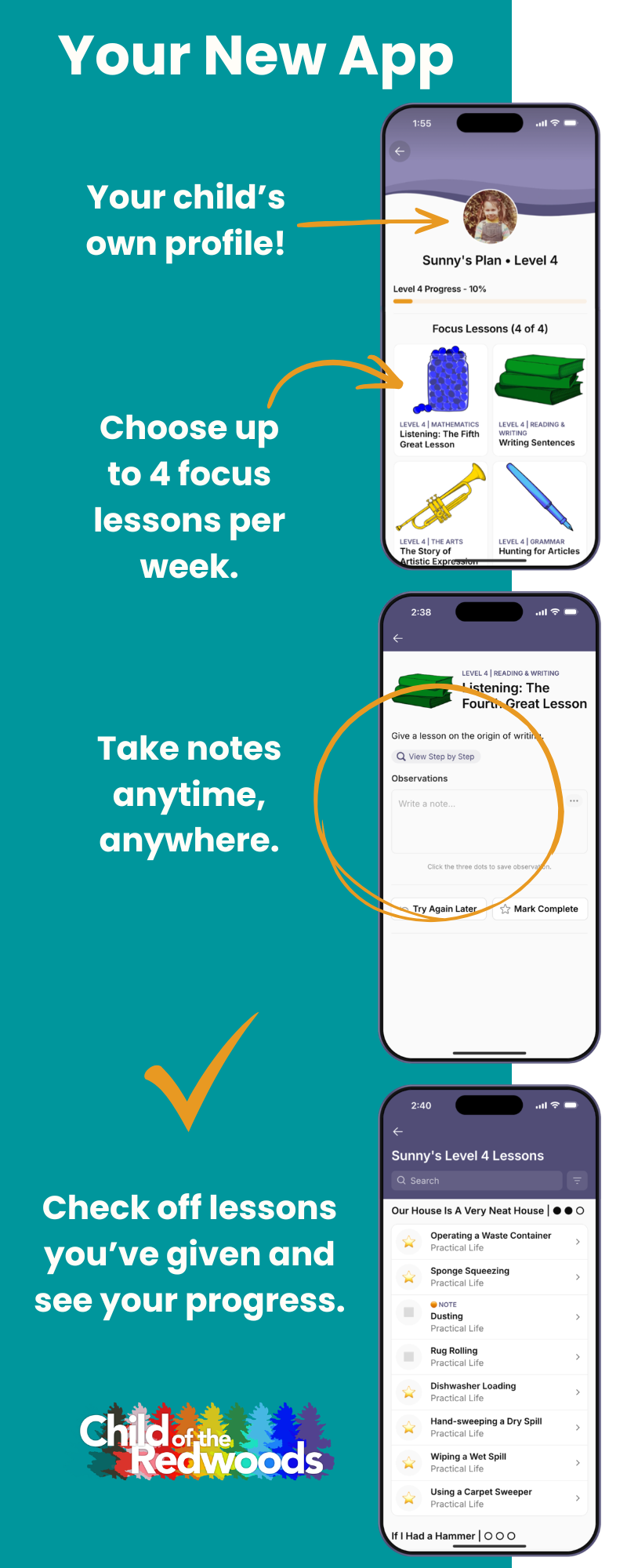 An instructional graphic for a child's mobile app, showing steps to track lessons and progress, including viewing profile, selecting focus lessons, taking notes, and checking off completed lessons.