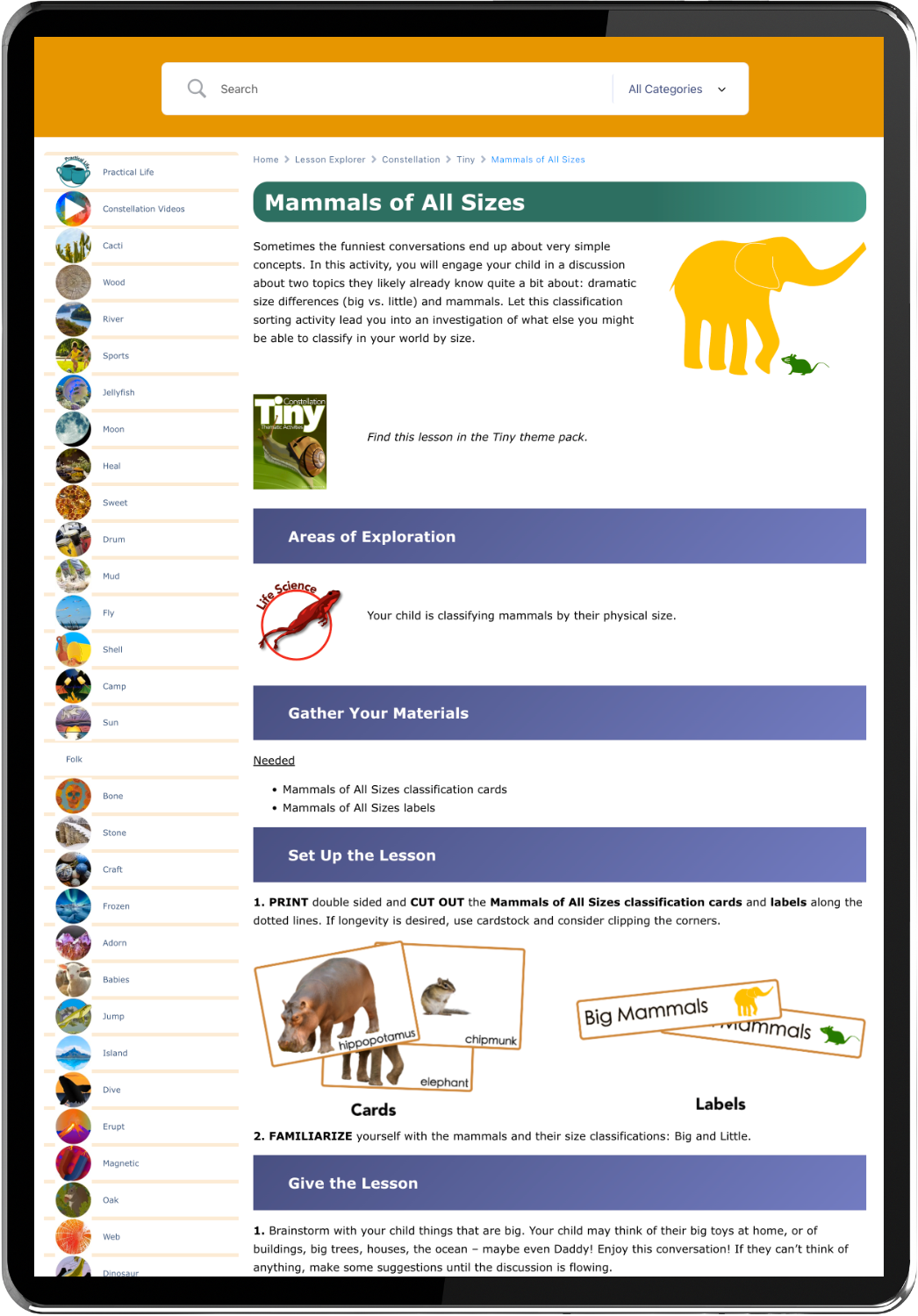 A webpage about classifying mammals of all sizes, featuring illustrations of a large yellow elephant and a small green mouse, with sections on exploration, materials, and lesson setup.