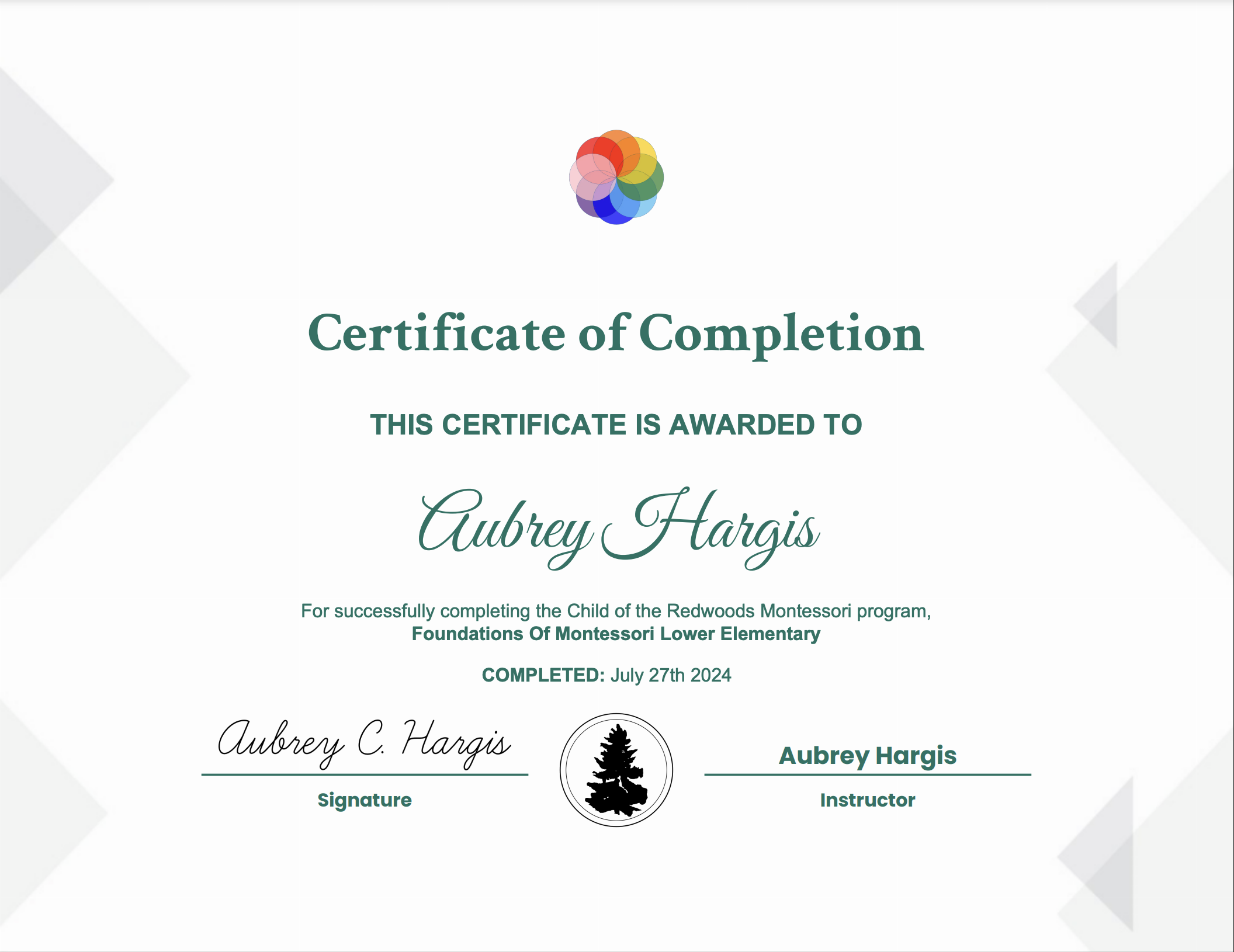 Example certificate from the Foundations of Montessori Elementary course from Child of the Redwoods.