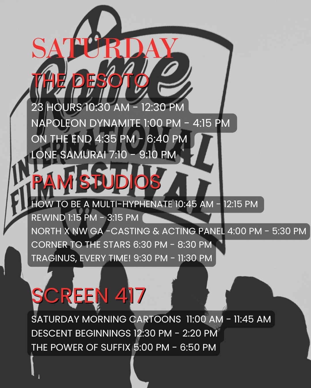 If you're looking for something to do this Saturday, come get your day pass. Download the RIFF app and see what we have lined up. Black Hole Symphony will also be performing at 7:00 at the Rome City Auditorium, and an after-party will be held at The 