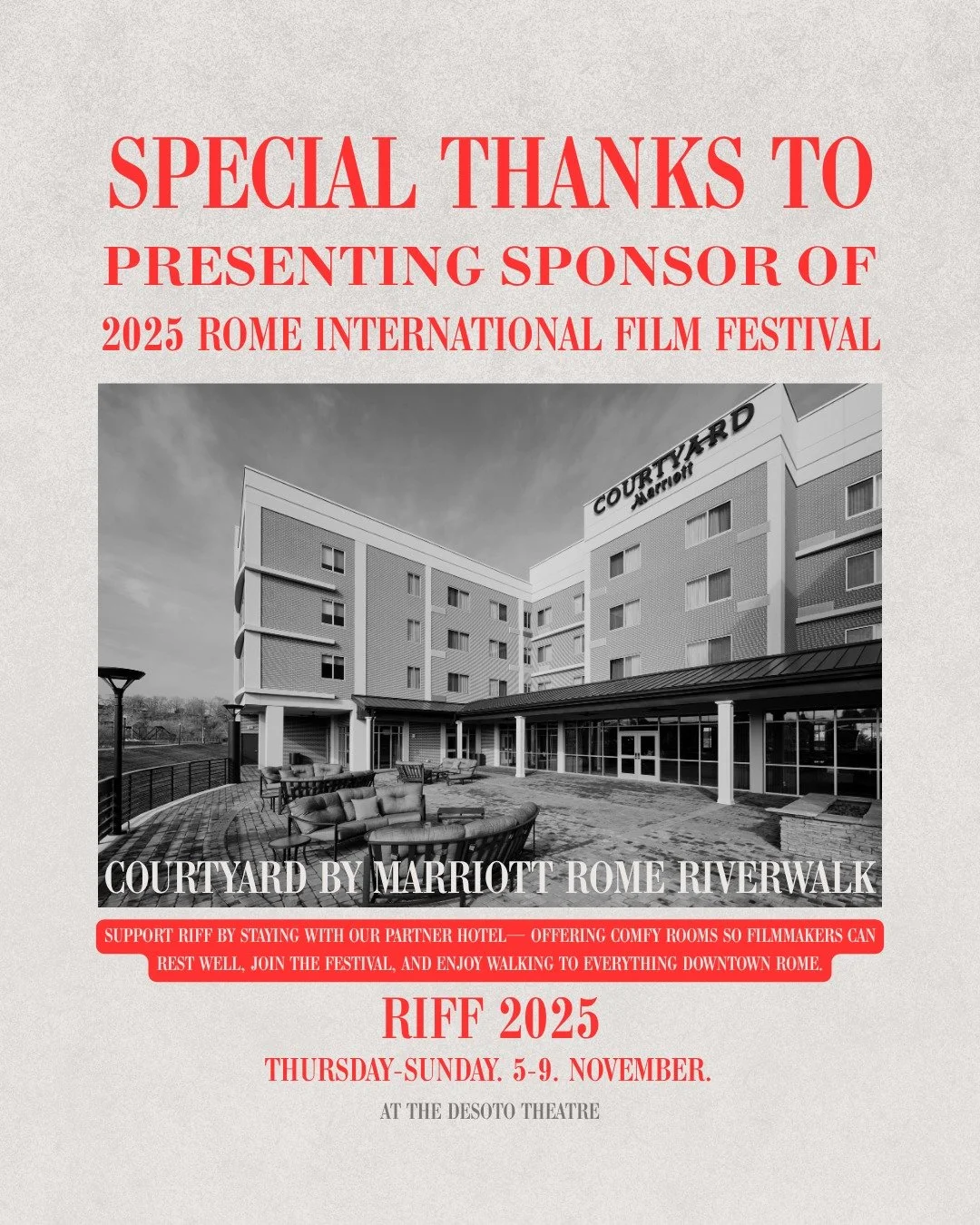 'Supports RIFF with comfy rooms so YOU🫵, our filmmakers, can sleep well and join the Festival fun. Plus, it&rsquo;s all walkable to downtown events. The whole city is behind this Festival! #RomeFilm #GetYourTicketsNow #CourtyardByMarriott #Sponsors 