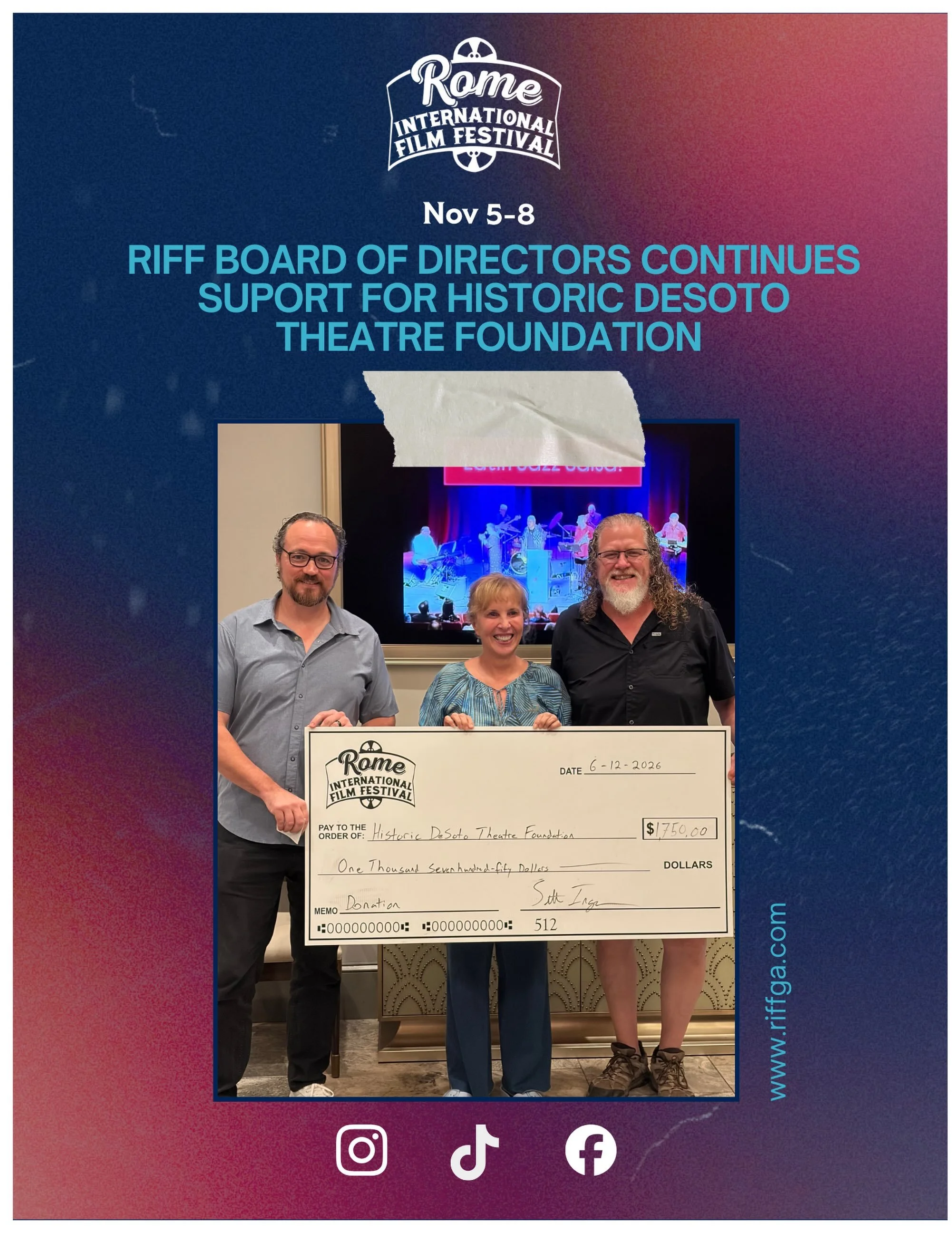 Giving back to the community is at the heart of what we do. The Rome International Film Festival Board of Directors was honored to present a donation to support the Historic DeSoto Theatre Foundation and help preserve this treasured landmark for gene