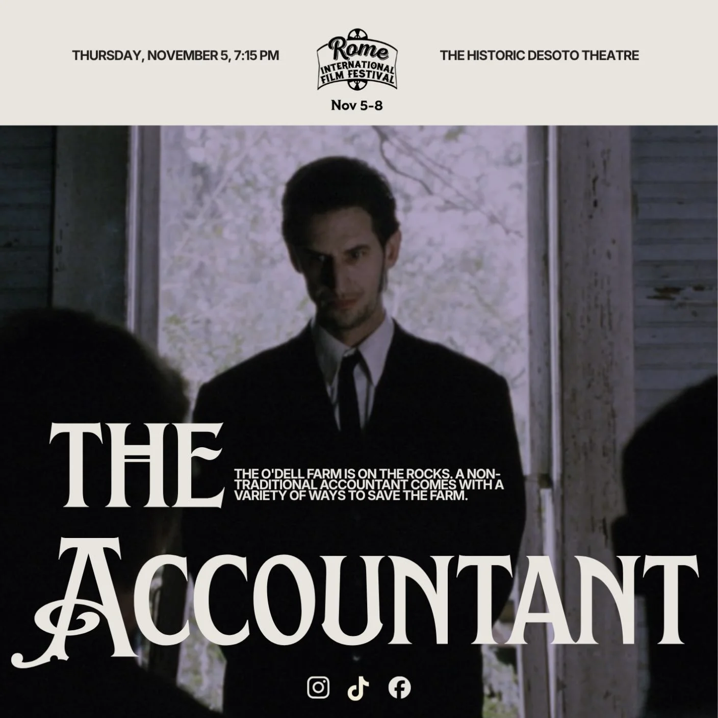 OPENING NIGHT AT RIFF!
Join us Thursday, November 5 at the Historic DeSoto Theatre for The Accountant, the 2001 Academy Award-winning short film, with special guest Ray McKinnon! 
A Georgia-made classic, a special guest, and the perfect way to kick o
