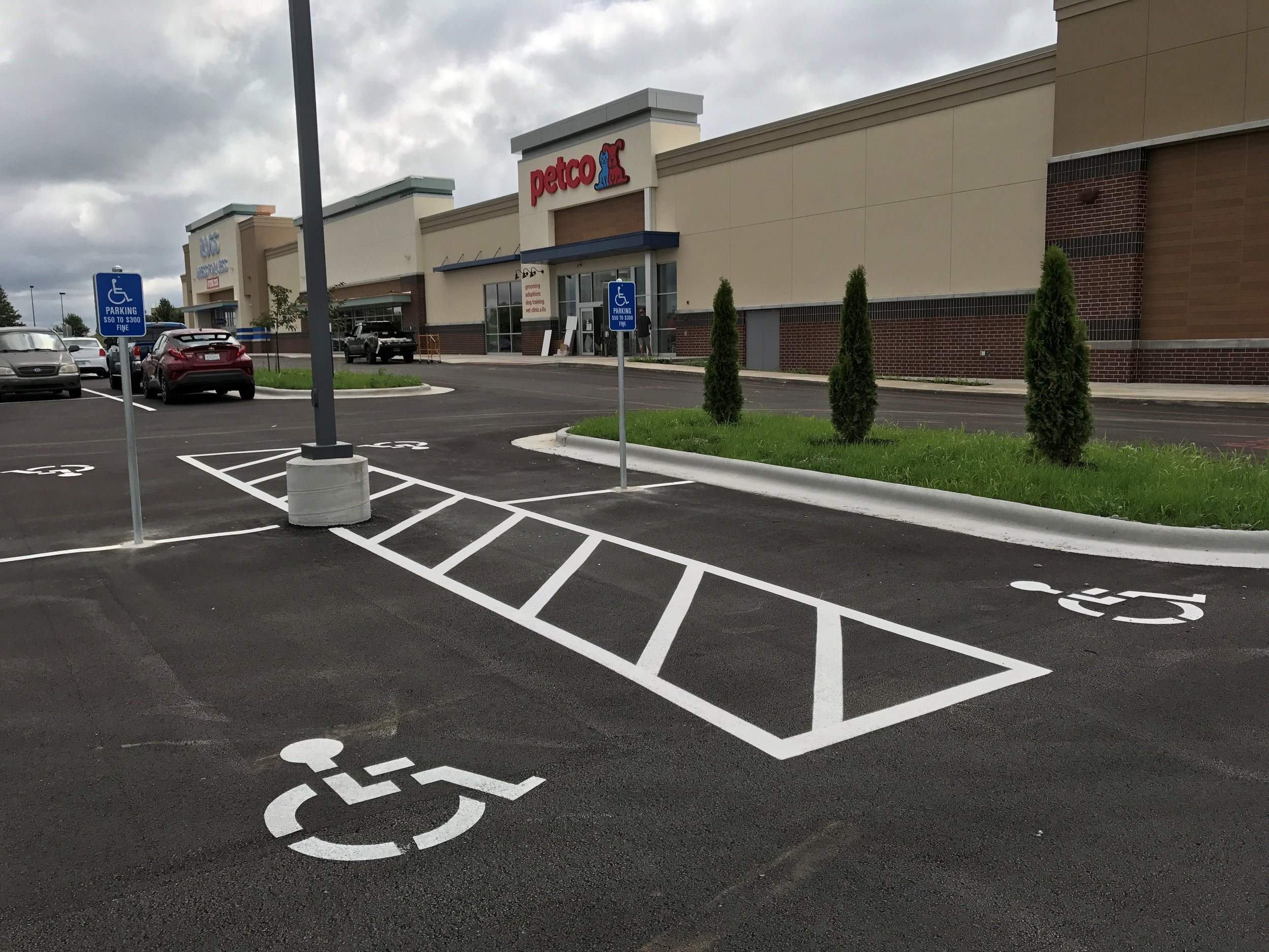 Accessible parking spaces freshly striped by Springfield Striping and Sealing at a shopping center parking lot in Springfield, MO, featuring clear white lines and handicap signage on the asphalt. 