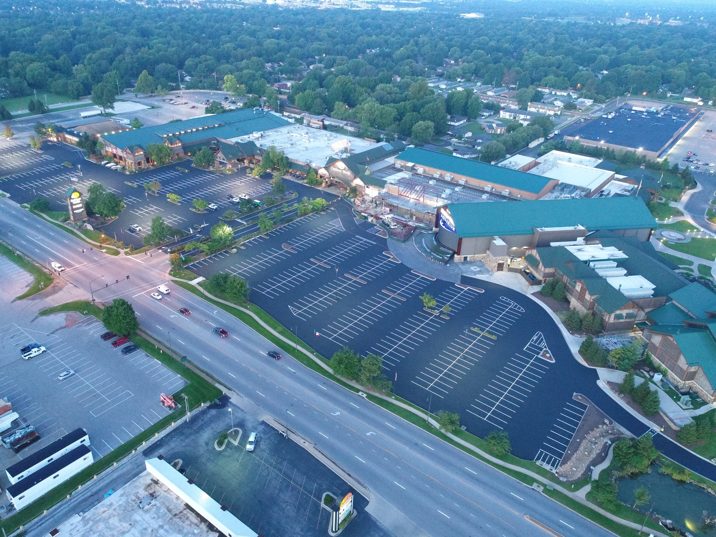 An aerial view captures the extensive parking lot done of Bass Pro and Wonders of Wildlife in Springfield, Missouri. The lot done by Springfield Striping &amp; Sealing.