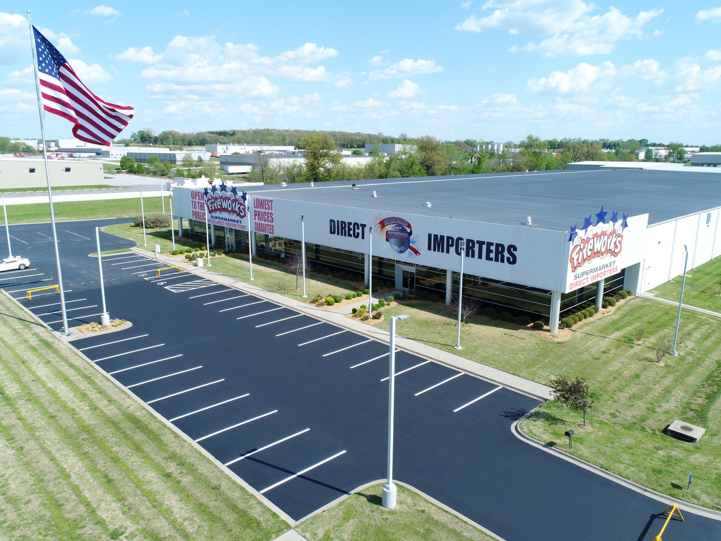 A birds eye view of a local firework distributor’s recently sealed coated parking lot constructed by Springfield Striping and Sealing in Springfield, MO