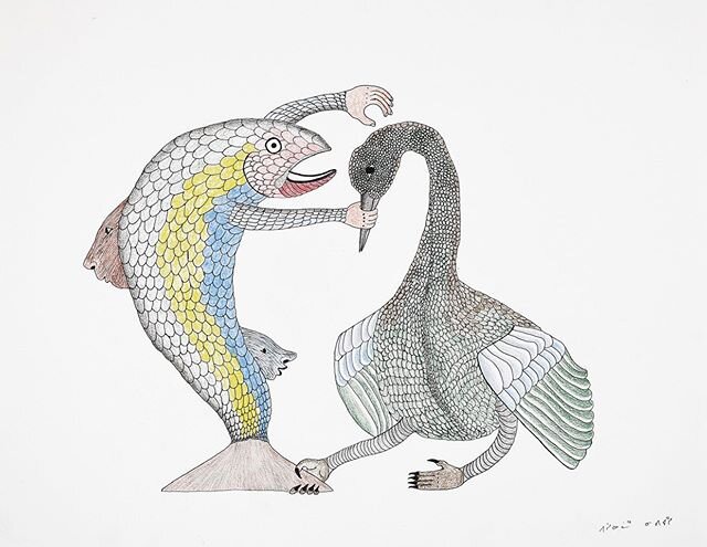 I am not sure to say about this fun drawing by Pitseolak Niviaqsi but FUN.  Available ........for now.  #inuitart #drawing #kinngaitstudio #dorsetfinesrts #fish #bird #fun