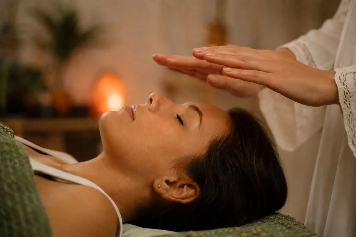 Reiki Healer Susanne Sundquist holding healing hands over woman