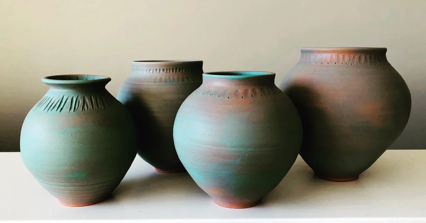 Sheffield red stoneware-turquoise glaze  hand-carved vases