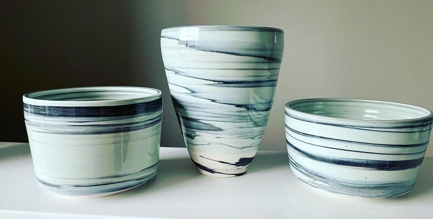 Black and white porcelain marbled w/celadon