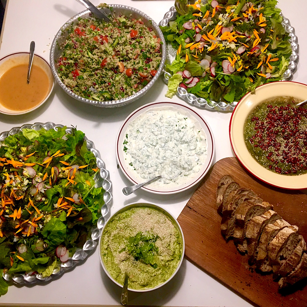 The Lebanese style feast we rustled up using lots of veggies and herbs from the Ballymaloe garden.