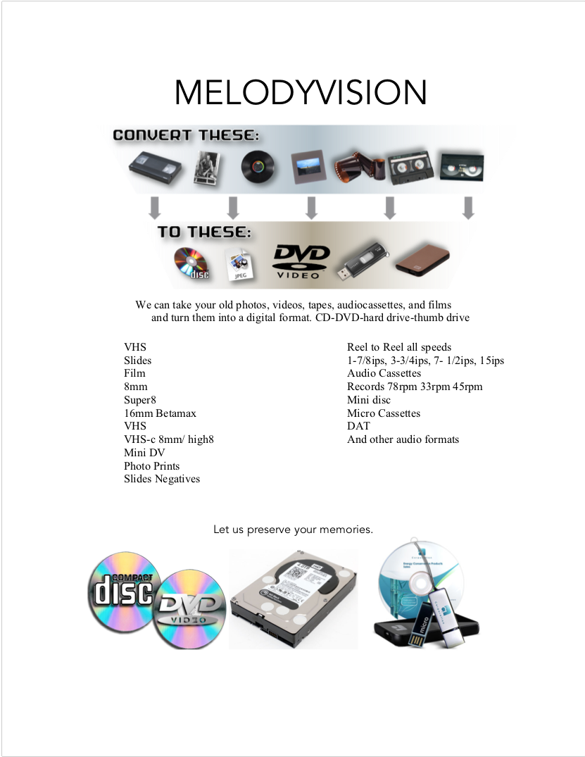 Please contact us for pricing 610 941 9300. For shipping: Please include a list showing how you would like each tape labeled when converted to a file. Our shipping address is Melodyvision 2501 Butler Pike Plymouth Meeting PA 19462