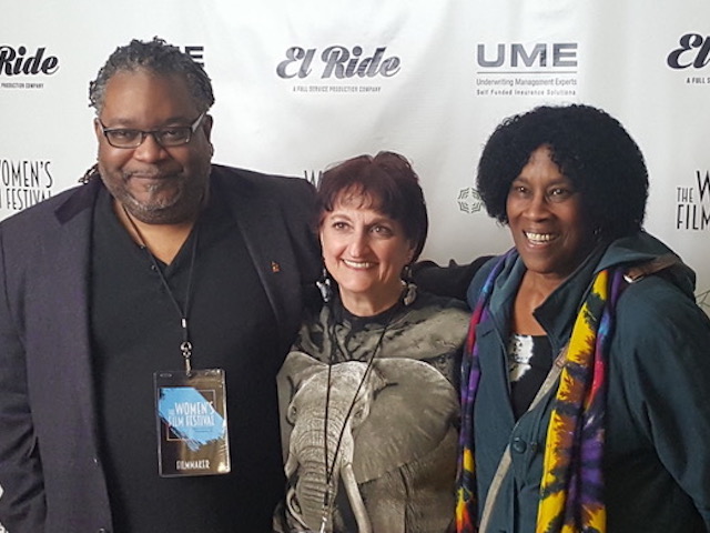 At the recent 2019 Women’s Film Festival of Philadelphia, Jessica Dimuzio, VMD of Nature Tales and Trails, Executive Producer , writer and co-director of “African Animals’ Lullaby” (center) is seen with Rodney Whittenberg of MelodyVision, the co-director , editor , sound designer and composer; and narrator Charlotte Blake Alston. (Photo by Dr . Tim Halverson)