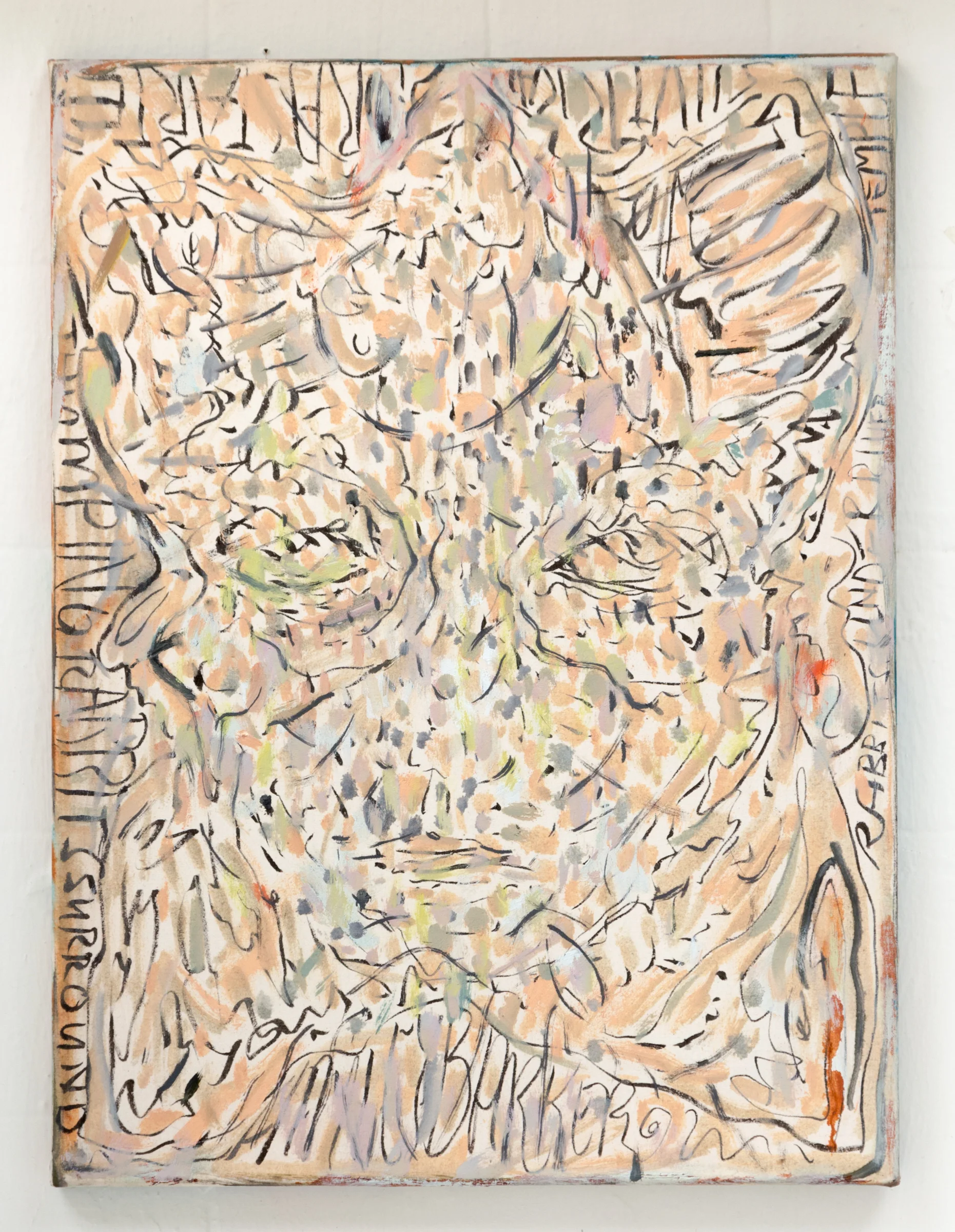 Untitled (rabbits underground temple silver pyrite thumping rabbits surrounding) , 2017. Oil and marker on Muslin. 16 x 12 in.
