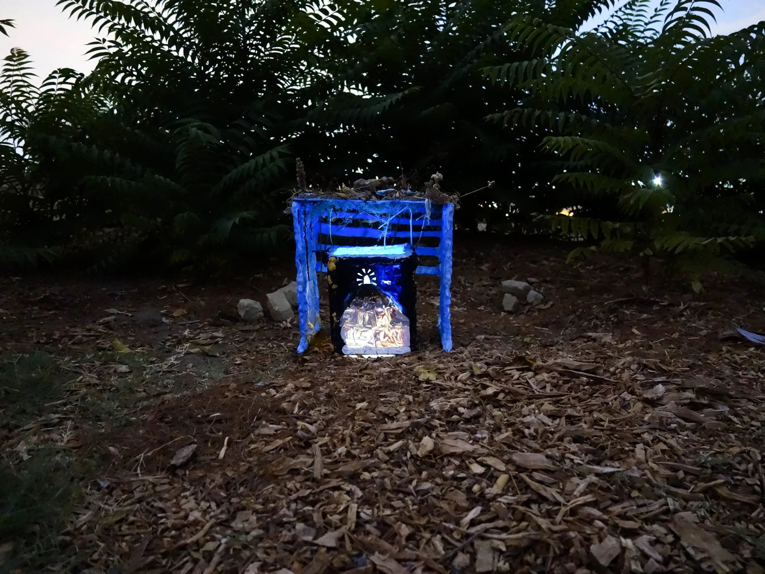 Dog Stops Dead In Its Tracks To Look At Dog, Dead In Its Tracks , 2017. Blue ceramic cage, oil on canvas, fixings. Dimensions variable.