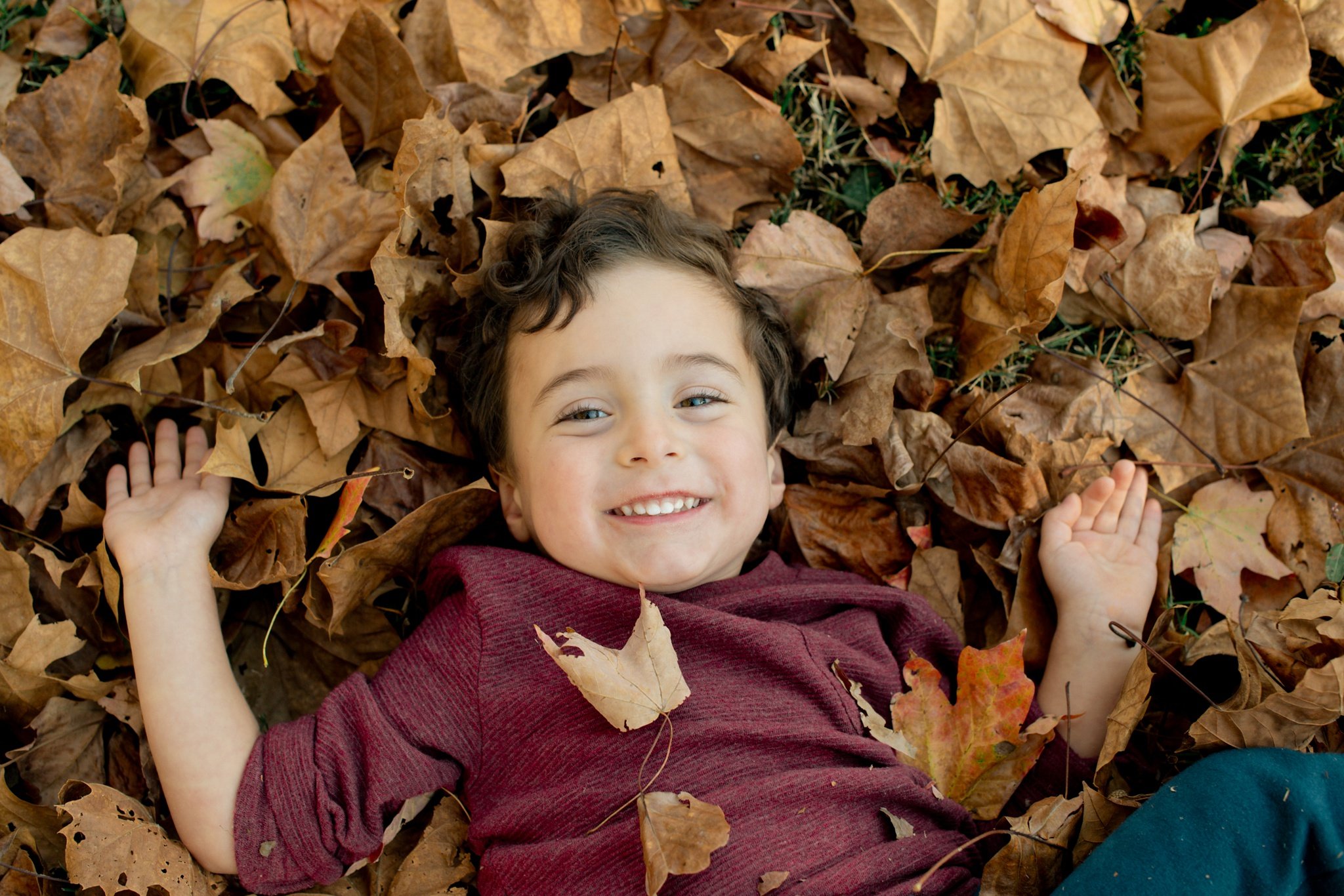 kid in leaves at family session