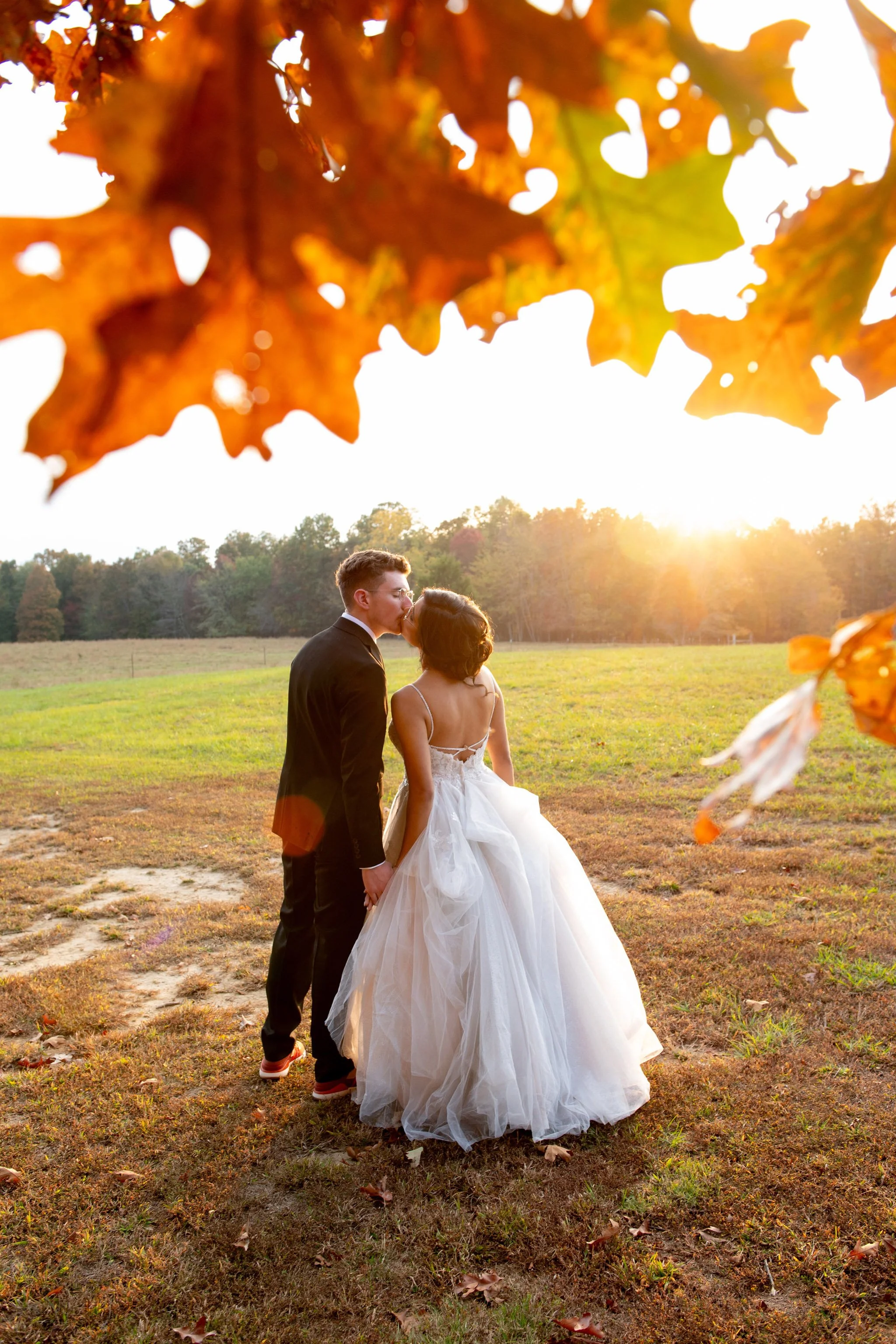 wedding photos taken during sunset in autumn