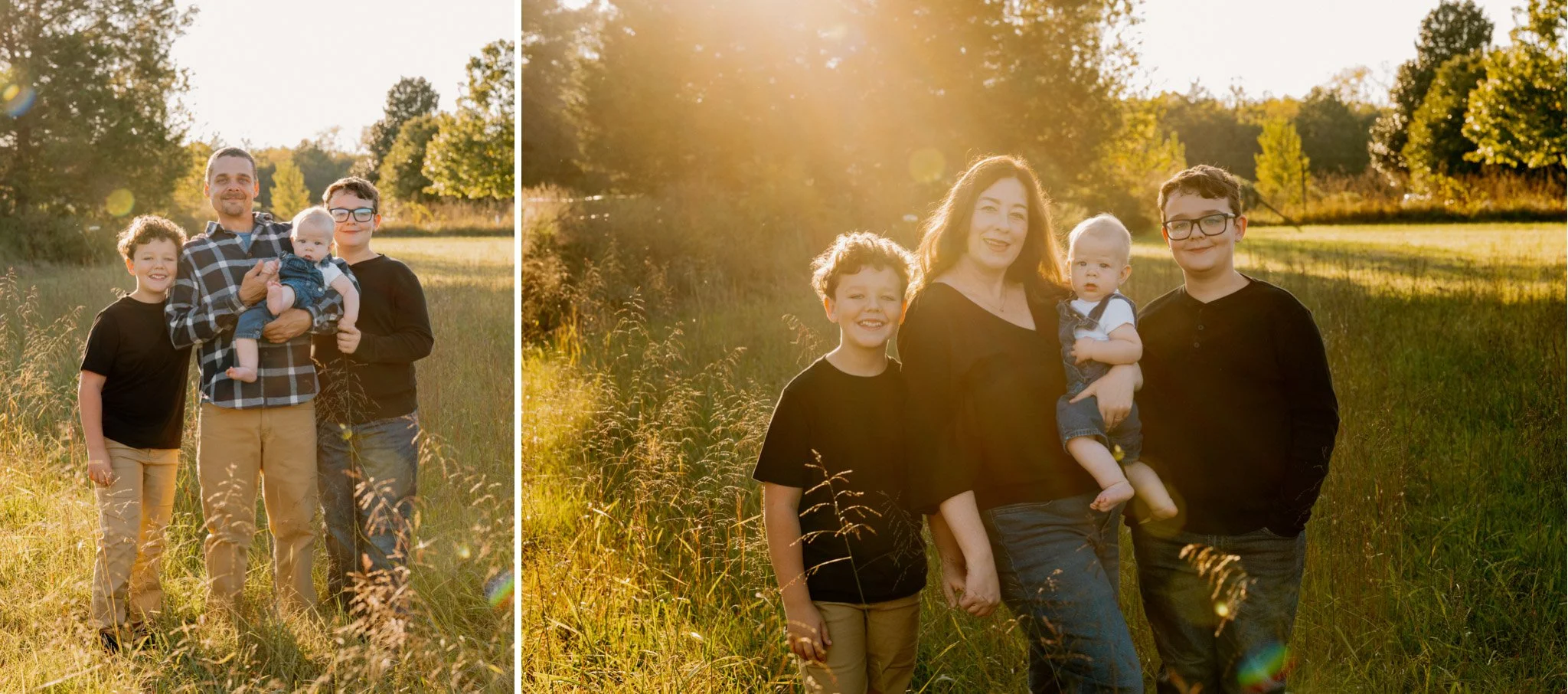 Golden hour family session in a field with tall grass
