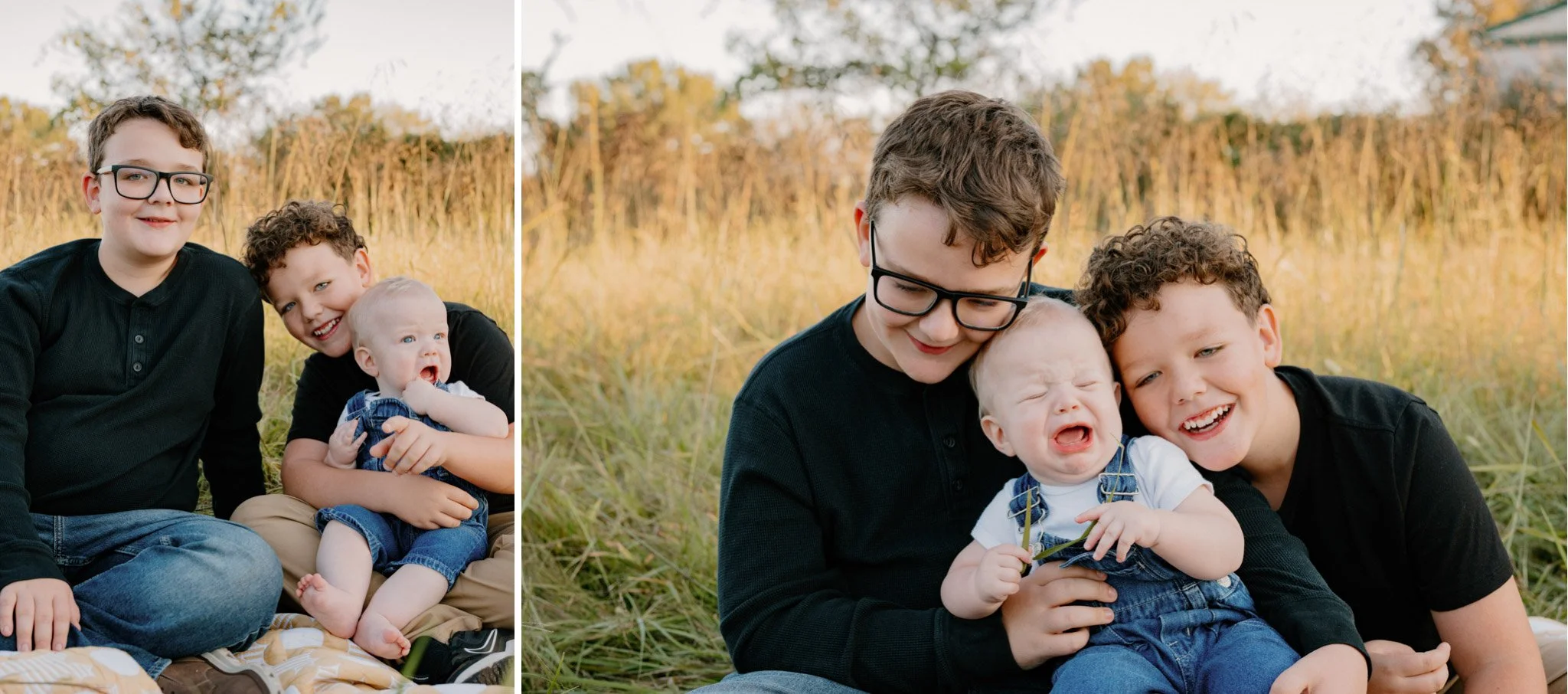 Two young boys pose for photos with their newborn brother