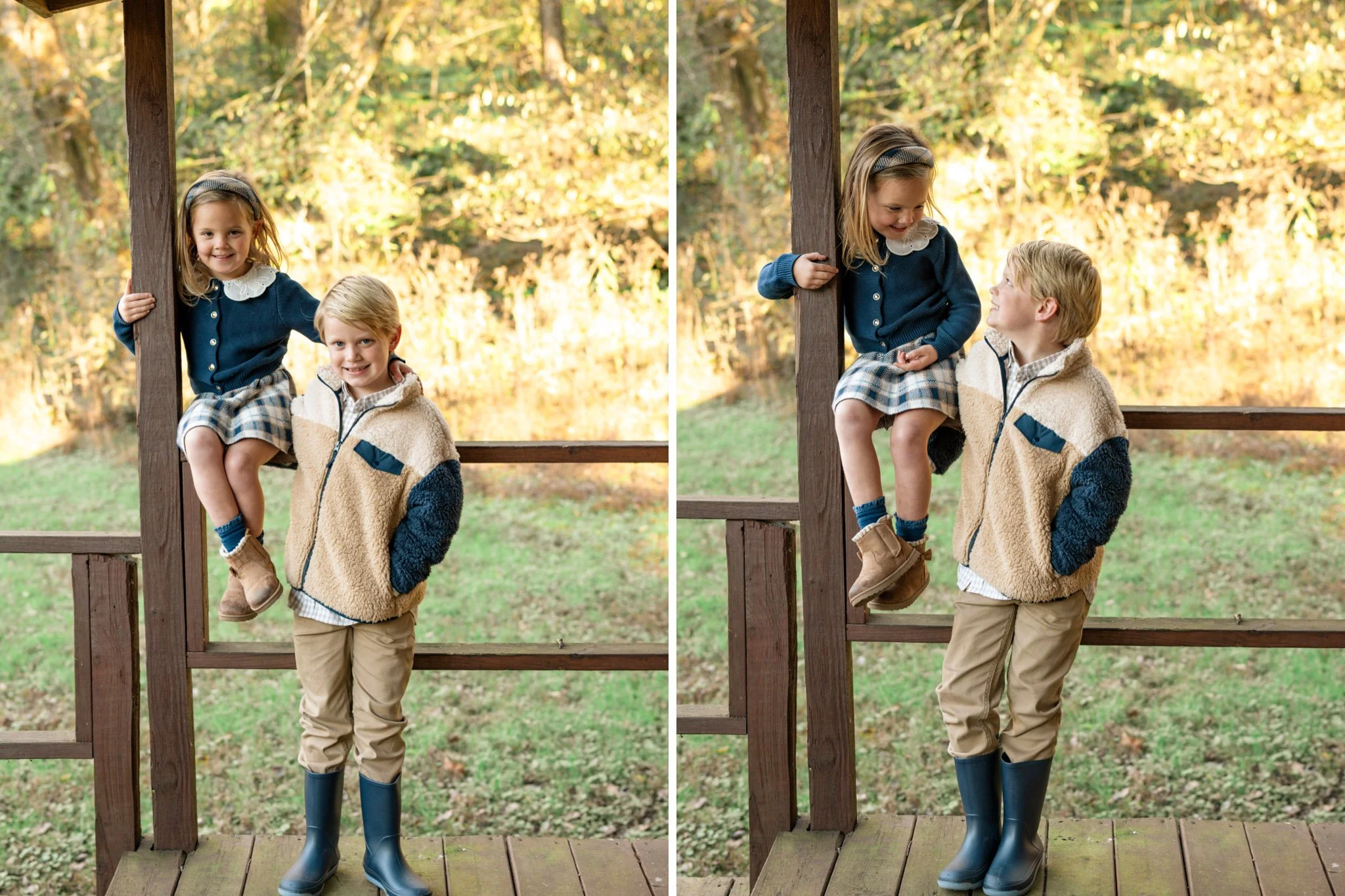 two schoolage siblings during fall family photo shoot in Nashville