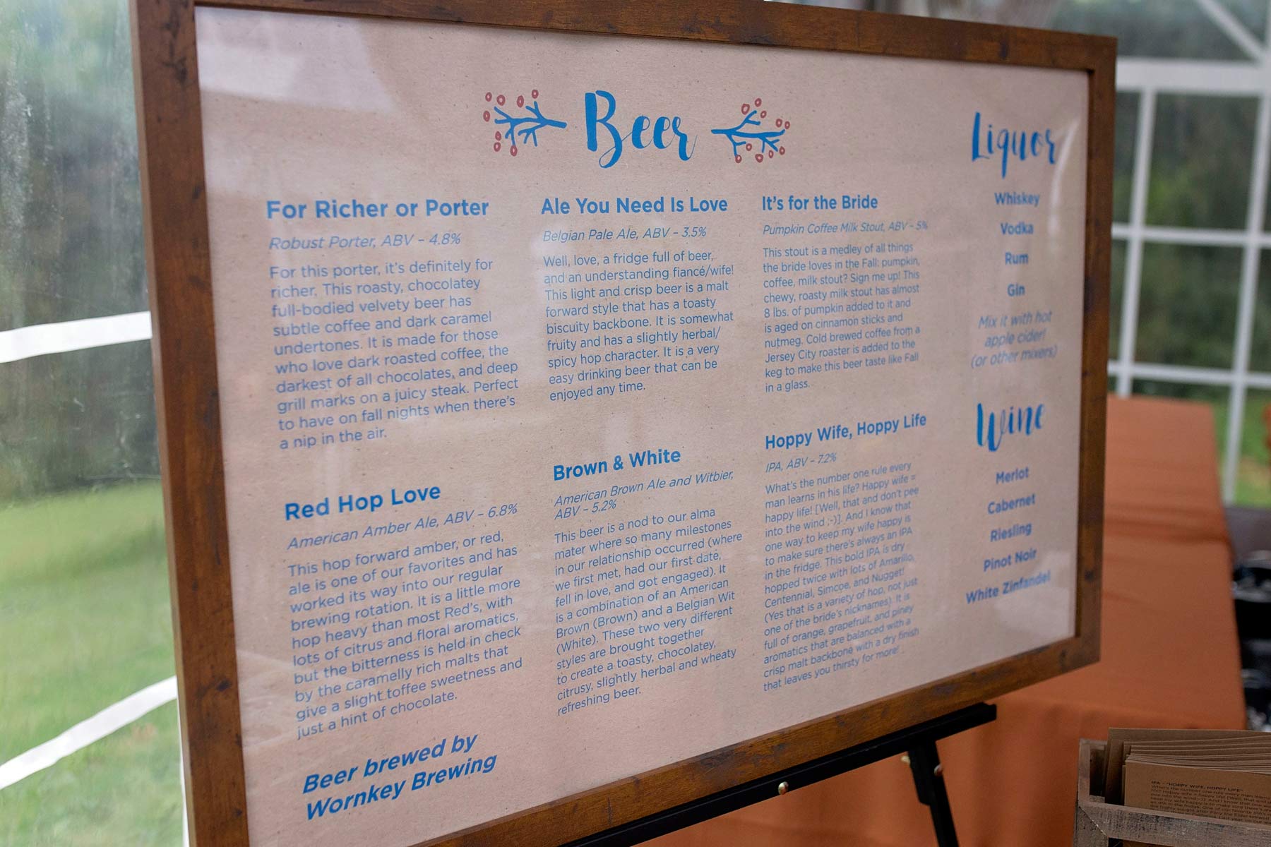 Jordan brewed all of the beer that was served to their guests, including mead for the toasts. This beautiful board described each different kind of beer and was located right next to the bar. How cool is that?!