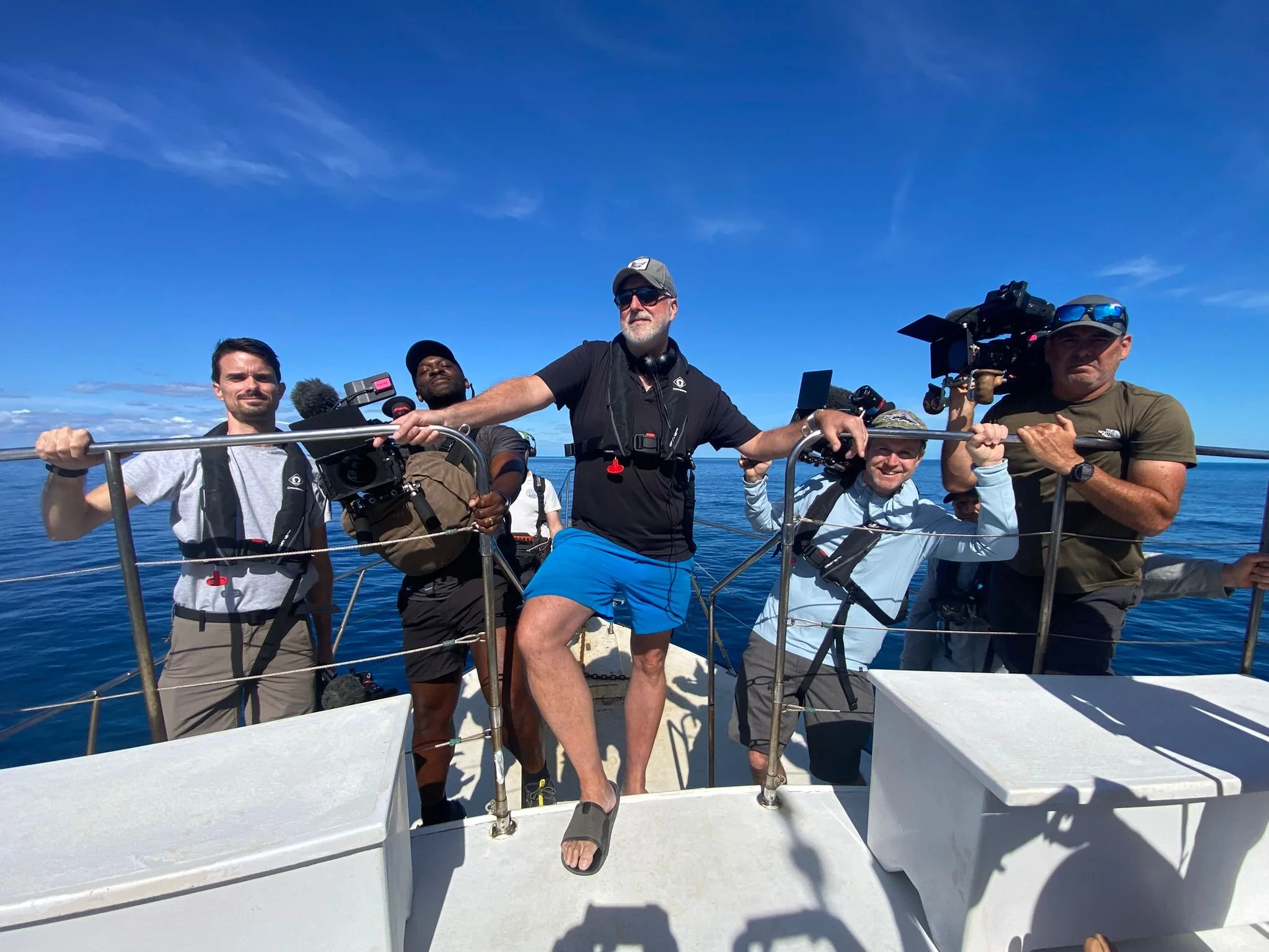 With Adrian Hylton, Iain Thompson, Rob Taylor and Justin Frahm filming Shark! Celebrity Infested Waters in The Bahamas for ITV, 2025.