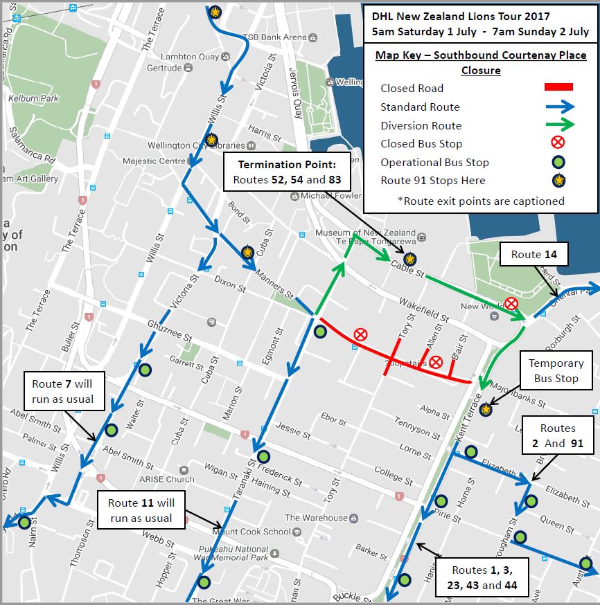 Southbound bus routes - Sat 1 July to Sunday 2 July