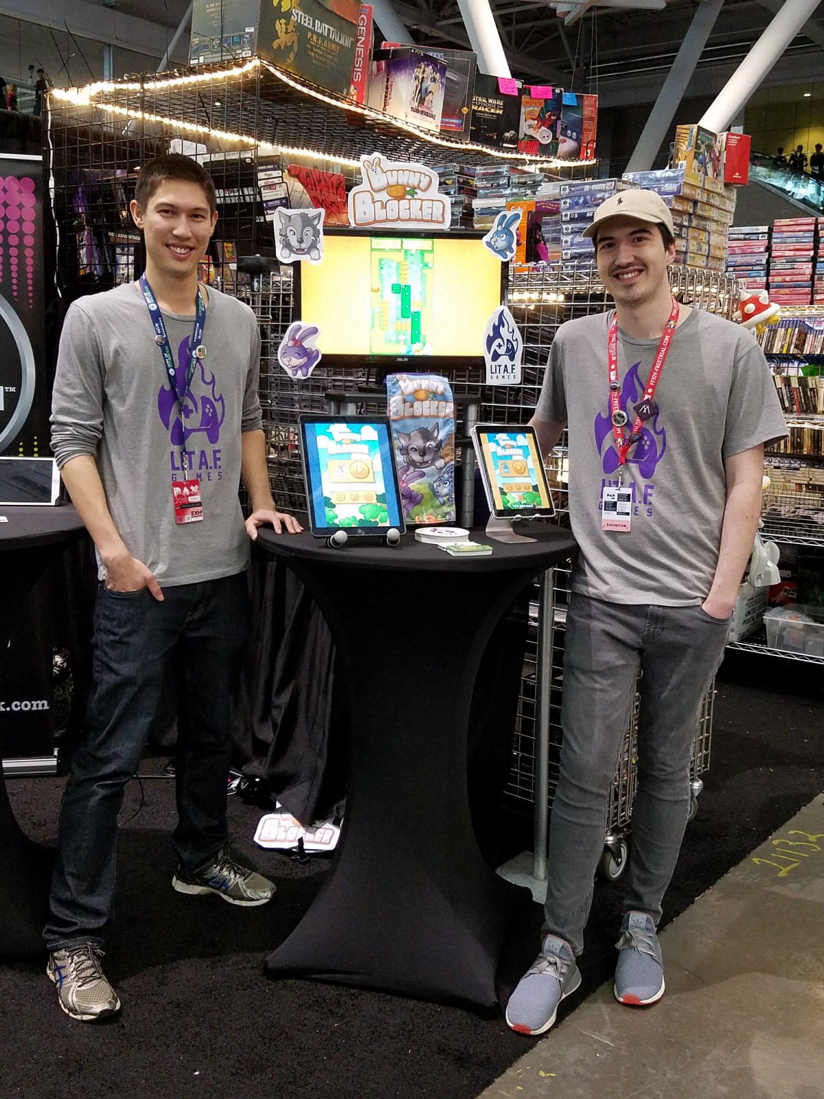 Olin and Cameron at the Bunny Blocker booth