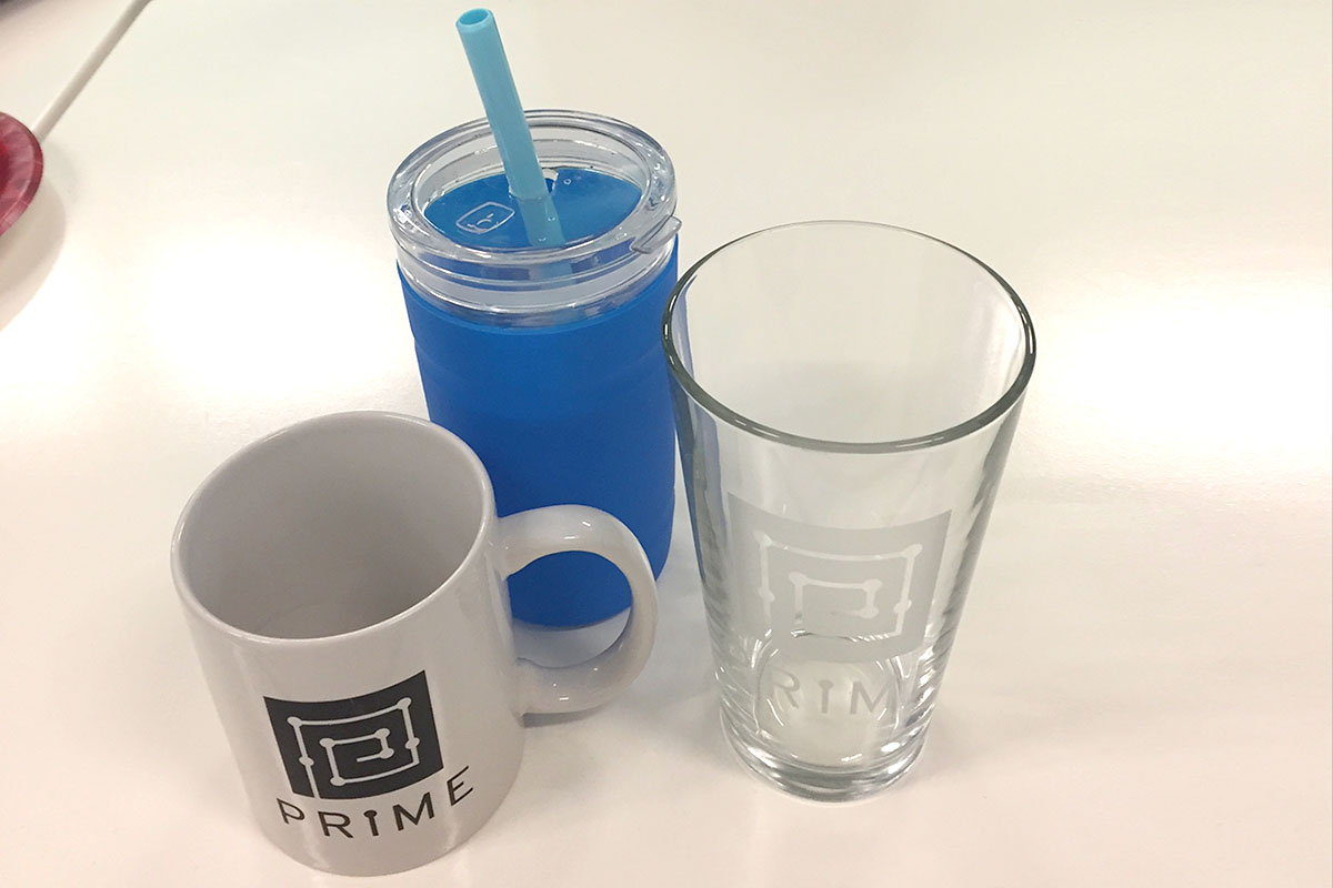 The water bottle that I performed a Usability Test on, next to the ubiquitous Prime mug and glass.