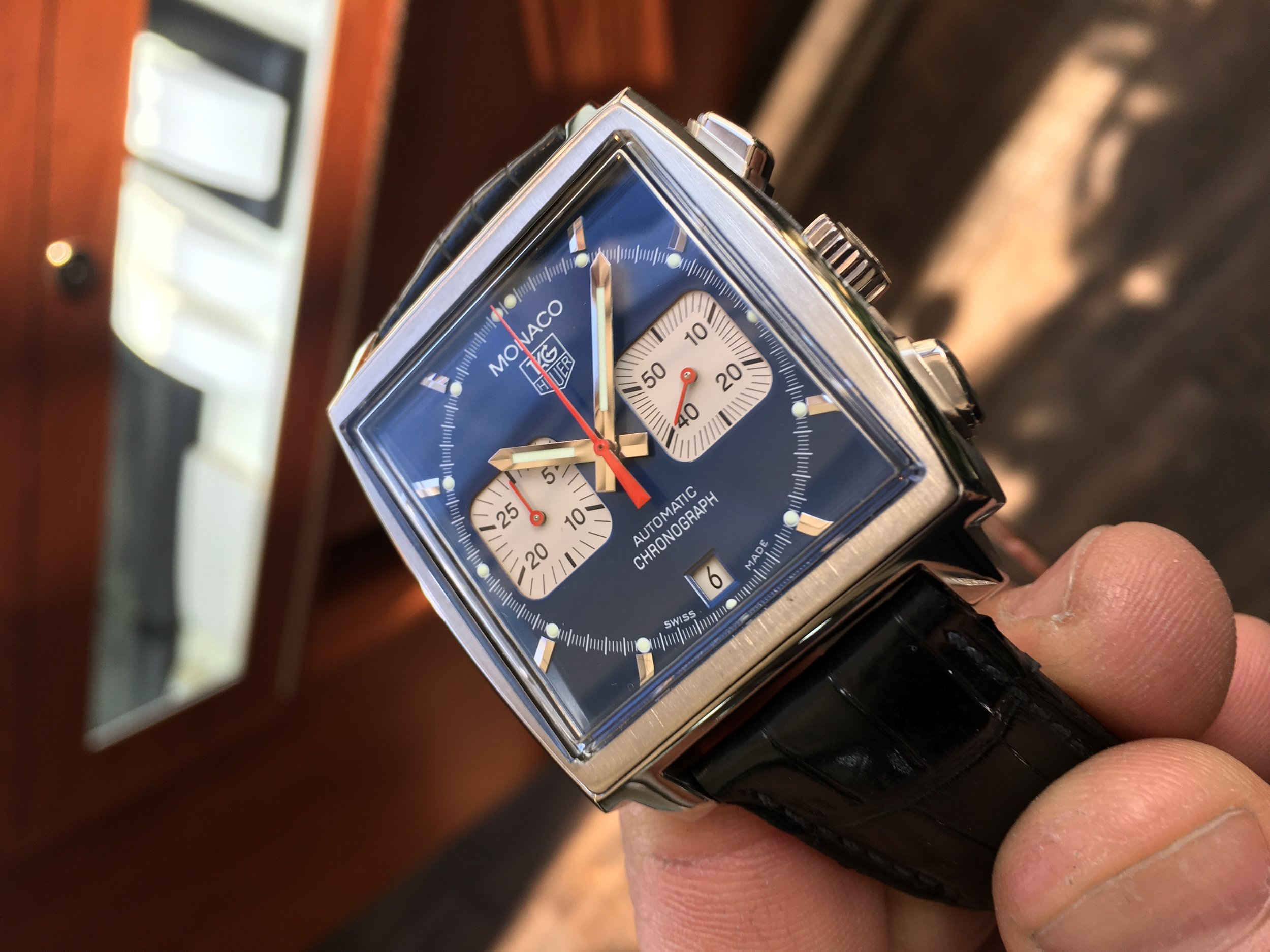 TAG Heuer Monaco Steve McQueen Cronograph Automatic. R. Wolf Fine Jewelry &amp; Watches. Lower Angle