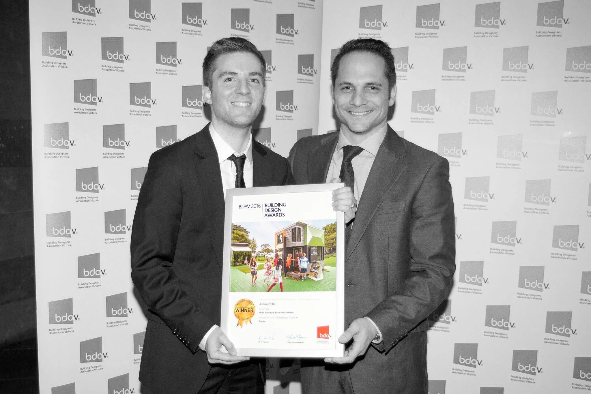 Archsign Designer Lachlan Michael with James Hardie Specification Manager Florent Hostein with BDAV Award for 'Best Small Works Project' 2016.