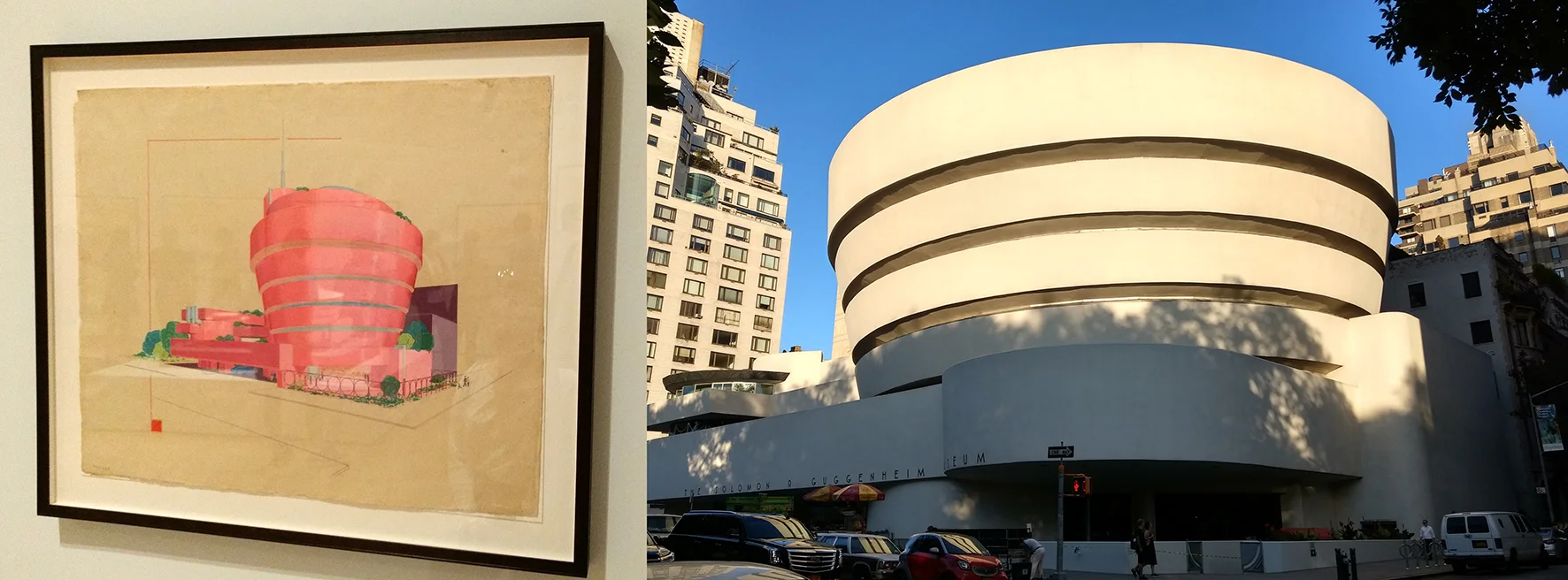 Rose Marble Guggenheim concept hand rendering at MOMA exhibit and as built, NYC.
