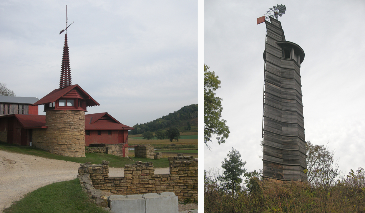 The Taliesin is littered with numerous bespoke structures such as the midway barn and the Romeo and Juliet windmill.