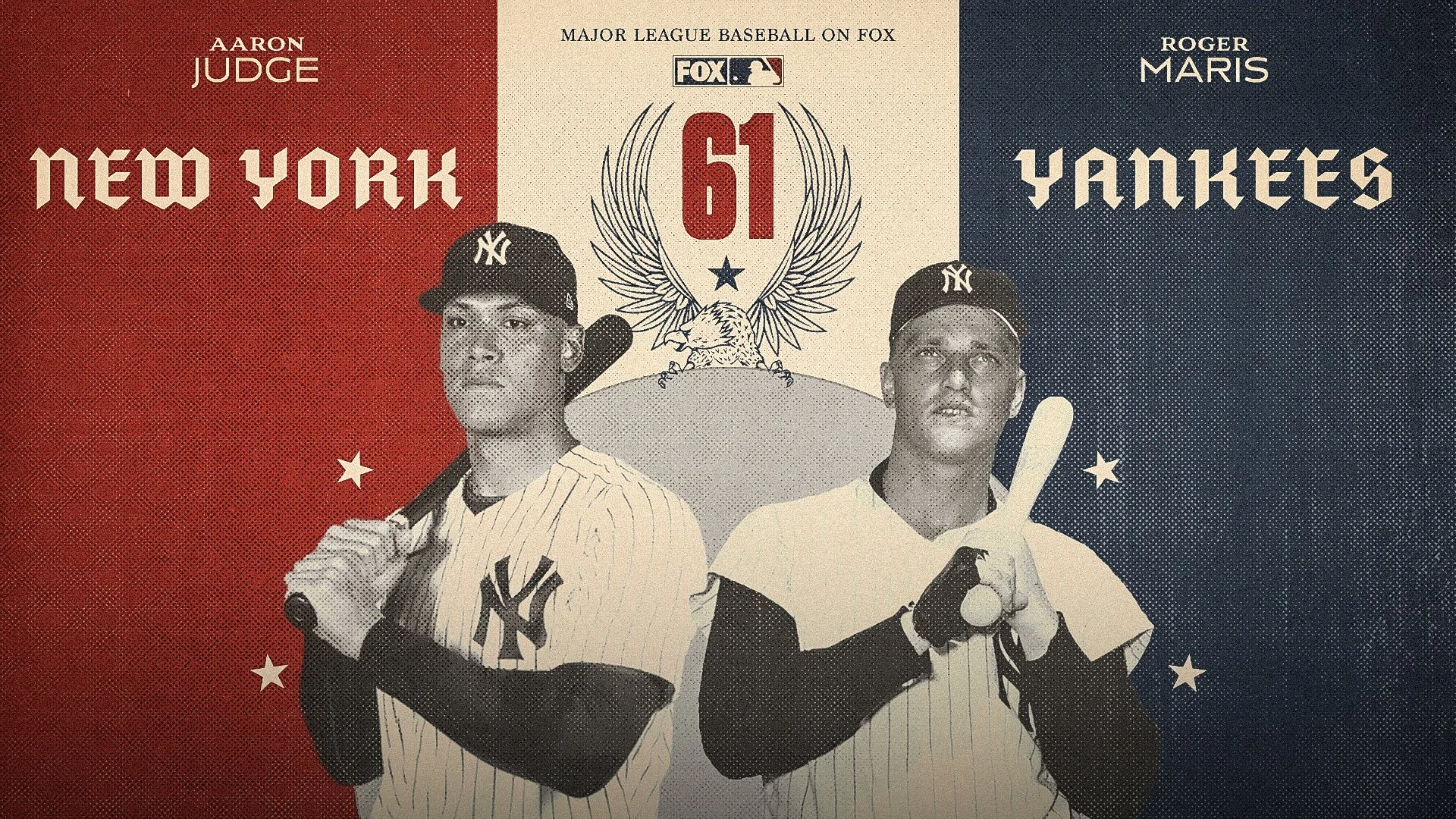 Chasing Maris: Aaron Judge and Roger Maris in 1961-style Yankees program art.