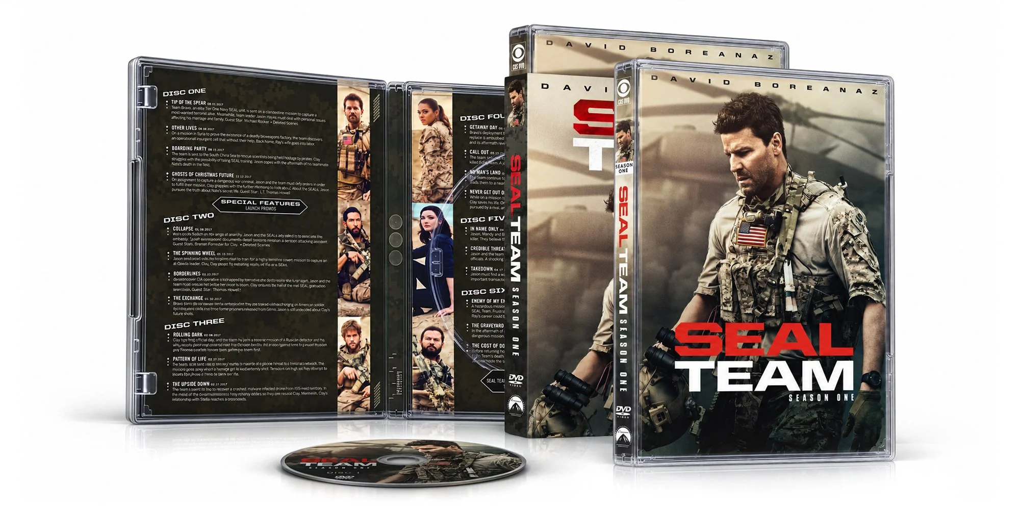SEAL Team season one DVD packaging: the closed case with David Boreanaz under the red-and-white title, the open case showing the episode guide, and a disc in front.